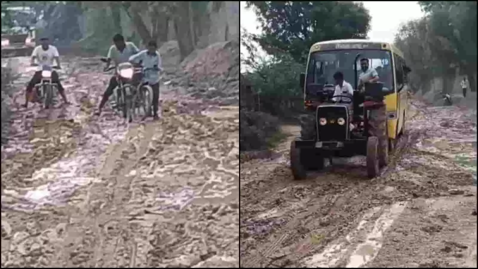 तस्वीर में पिपलिया खुर्द के कीचड़ भरे रास्ते पर ट्रैक्टर से फंसी हुई स्कूली बस को निकालते ग्रामीण दिख रहे हैं। तस्वीर में पिपलिया खुर्द के कीचड़ भरे रास्ते पर ट्रैक्टर से फंसी हुई स्कूली बस को निकालते ग्रामीण दिख रहे हैं।