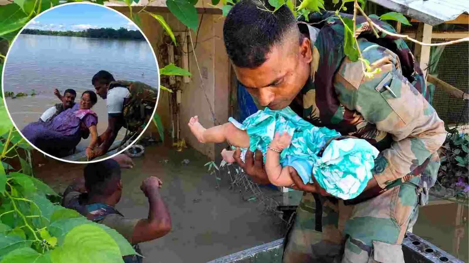 भारतीय सेना के जवान असम में बाढ़ प्रभावित क्षेत्र के दौरान नागरिकों का बचाव कर रहे हैं। भारतीय सेना के जवान असम में बाढ़ प्रभावित क्षेत्र के दौरान नागरिकों का बचाव कर रहे हैं।