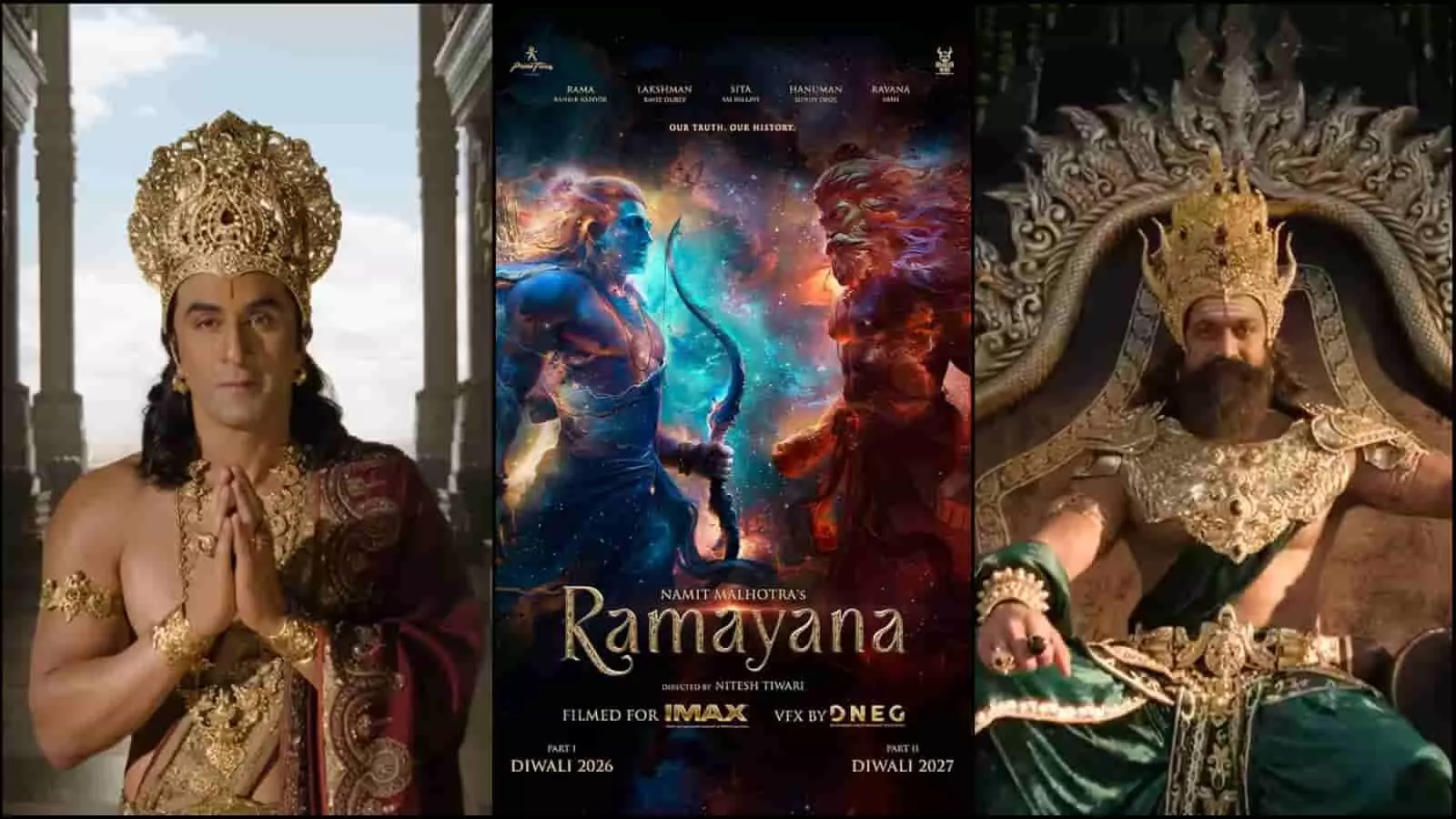 तस्वीर में रणबीर कपूर, रामायण फिल्म का पोस्टर और यश नजर आ रहे हैं। तस्वीर में रणबीर कपूर, रामायण फिल्म का पोस्टर और यश नजर आ रहे हैं।