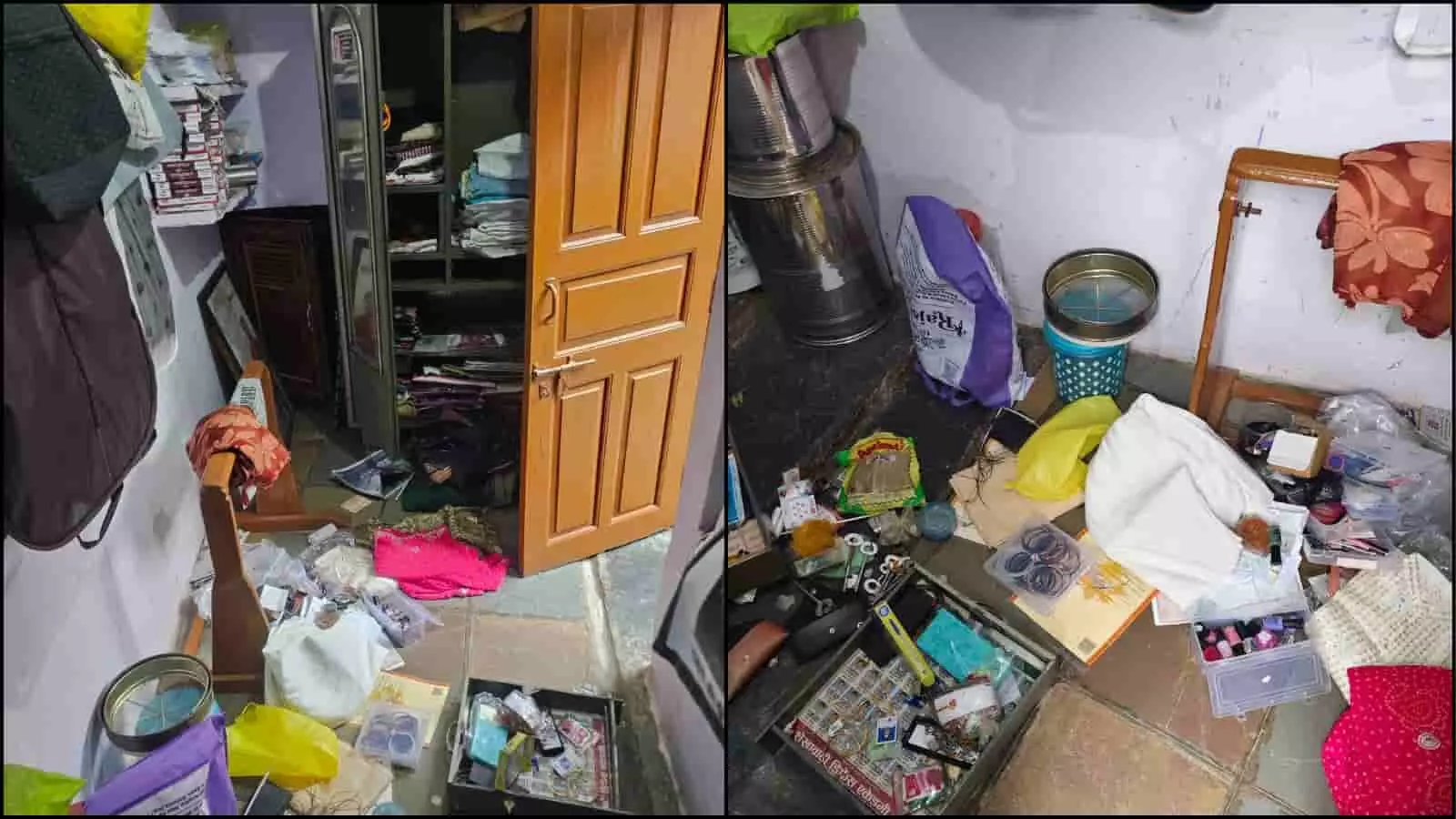 चोरी के बाद बस्सी खेड़ा के कमरे में अस्त-व्यस्त पड़ा सामान और खुली अलमारी। चोरी के बाद बस्सी खेड़ा के कमरे में अस्त-व्यस्त पड़ा सामान और खुली अलमारी।