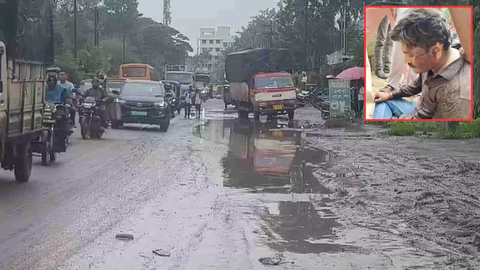 तस्वीर में नाशिक के अंबड क्षेत्र की गड्ढेदार सड़क और एक घायल व्यक्ति दिखाई दे रहा है। तस्वीर में नाशिक के अंबड क्षेत्र की गड्ढेदार सड़क और एक घायल व्यक्ति दिखाई दे रहा है।