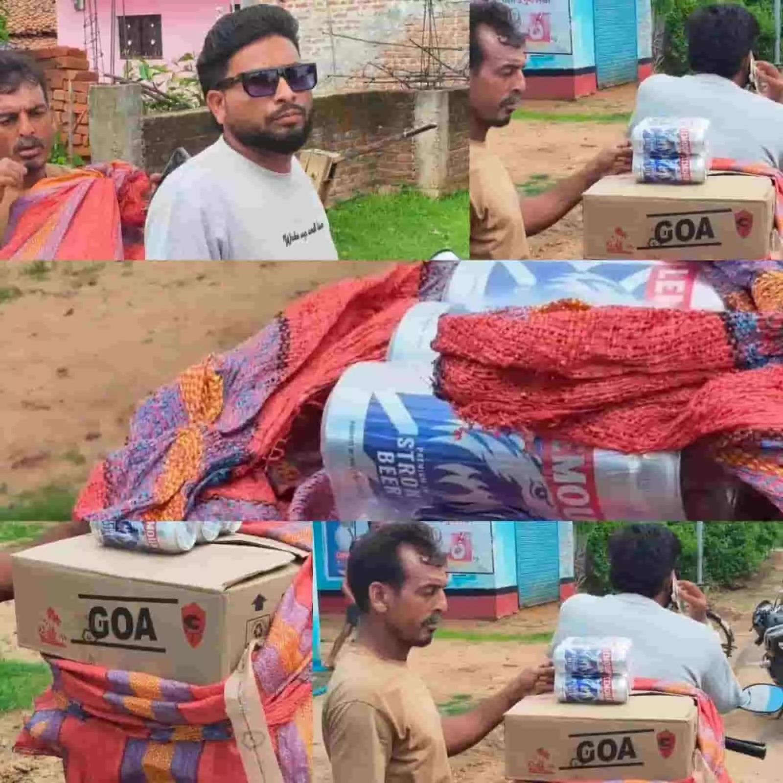 तस्वीर में दिख रही बिना नंबर की मोटरसाइकिल पर शराब के कार्टन बंधे हुए हैं। तस्वीर में दिख रही बिना नंबर की मोटरसाइकिल पर शराब के कार्टन बंधे हुए हैं।