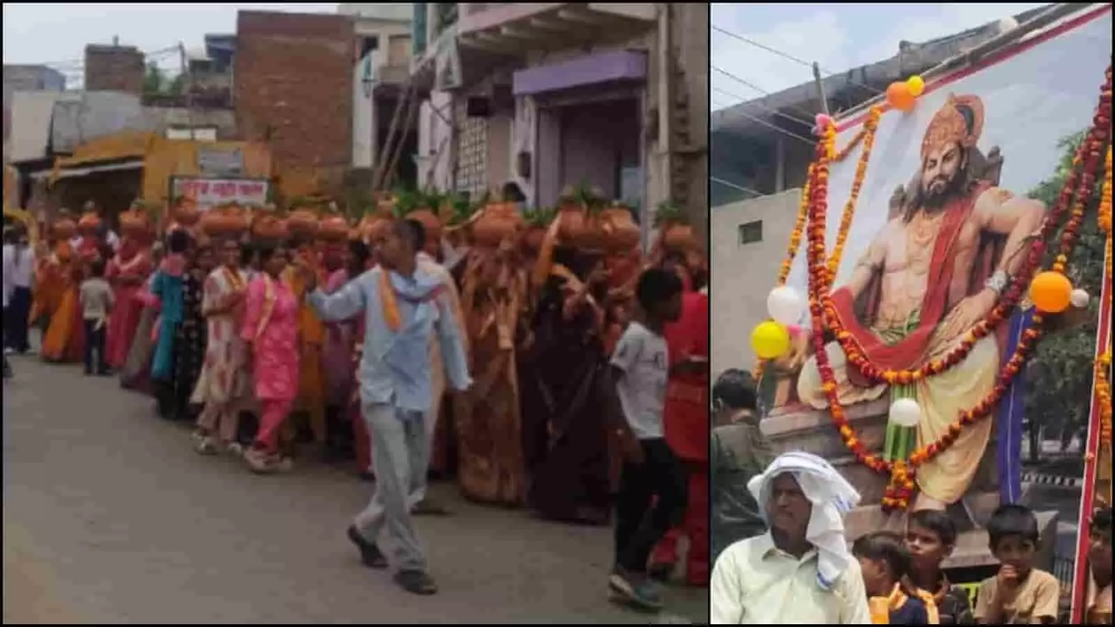 तस्वीर में डीग में कलश यात्रा के दौरान महिलाएं और श्री दक्ष प्रजापति महाराज का चित्र दिख रहा है। तस्वीर में डीग में कलश यात्रा के दौरान महिलाएं और श्री दक्ष प्रजापति महाराज का चित्र दिख रहा है।