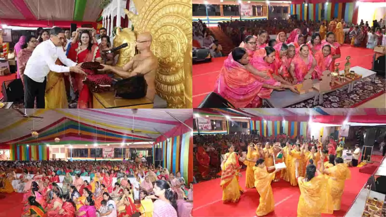 धार्मिक पंडाल में जैन मुनि को शास्त्र भेंट करते श्रद्धालु और उपस्थित जनसमूह। धार्मिक पंडाल में जैन मुनि को शास्त्र भेंट करते श्रद्धालु और उपस्थित जनसमूह।