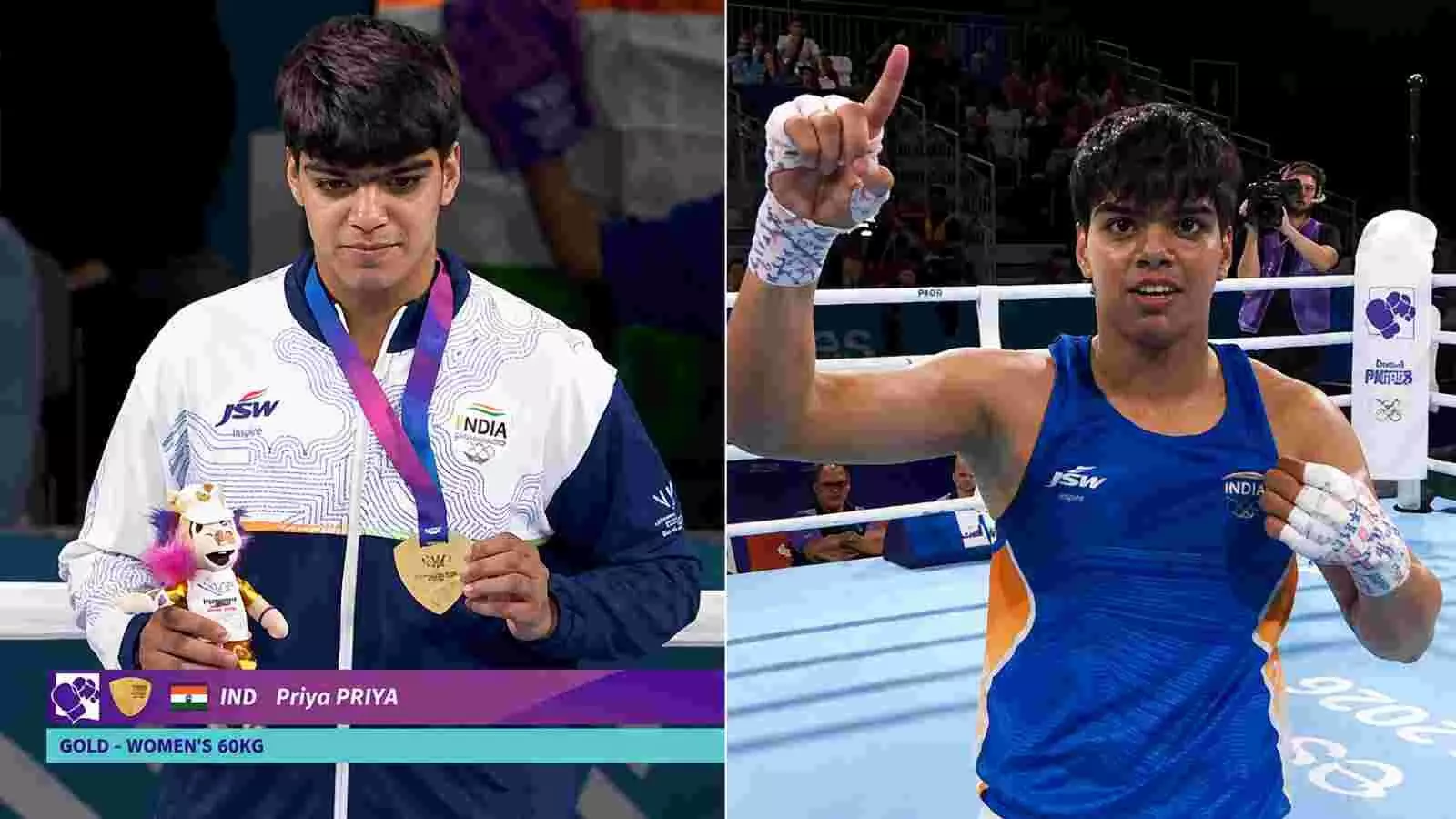 मेडल और जर्सी पहने हुए नजर आ रही मुक्केबाज प्रिया घांघस ग्लासगो में स्वर्ण पदक जीतने के बाद। मेडल और जर्सी पहने हुए नजर आ रही मुक्केबाज प्रिया घांघस ग्लासगो में स्वर्ण पदक जीतने के बाद।