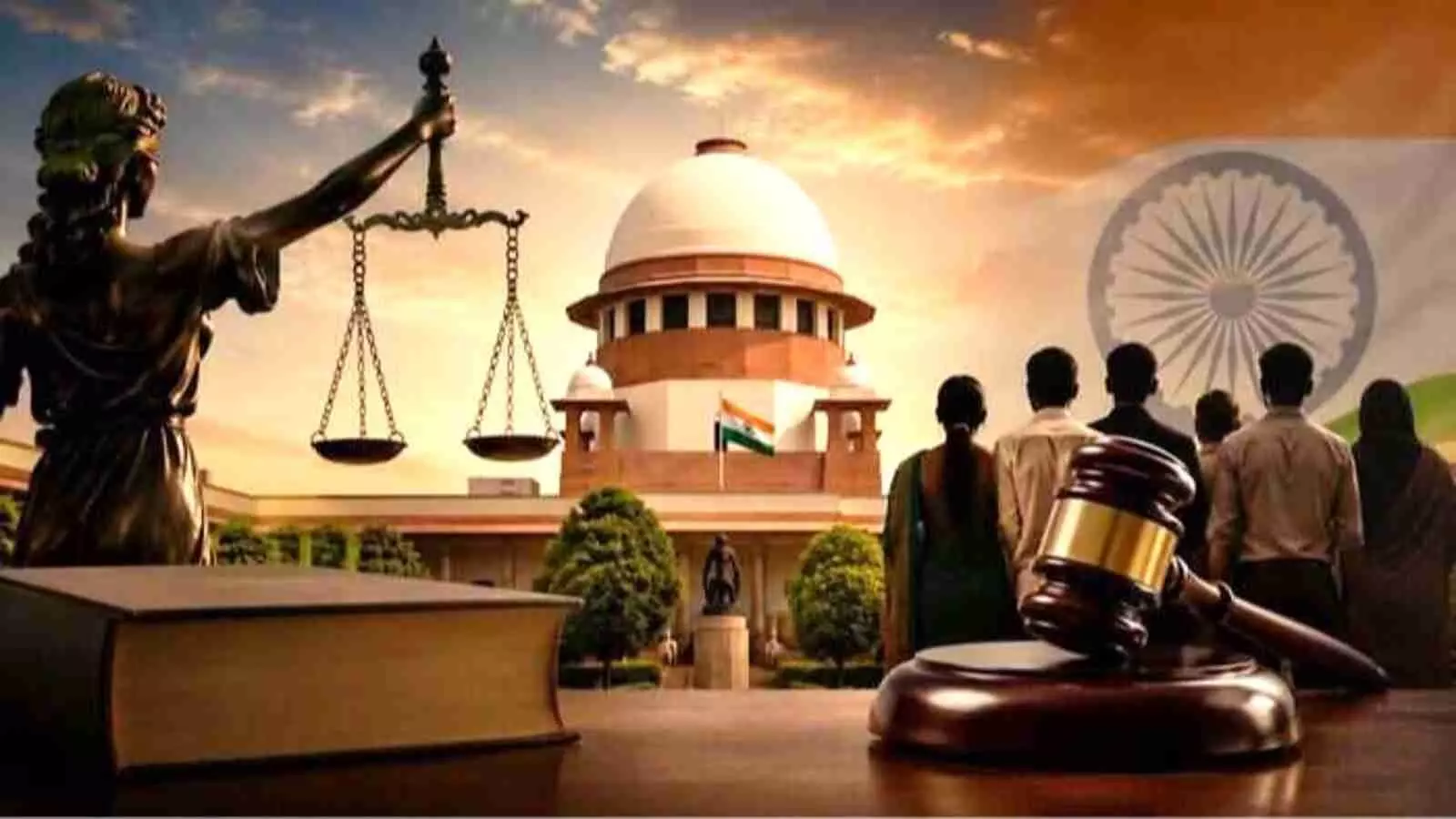 न्याय की मूर्ति तराजू और सुप्रीम कोर्ट भवन के सामने खड़े लोगों का चित्रण| न्याय की मूर्ति तराजू और सुप्रीम कोर्ट भवन के सामने खड़े लोगों का चित्रण|