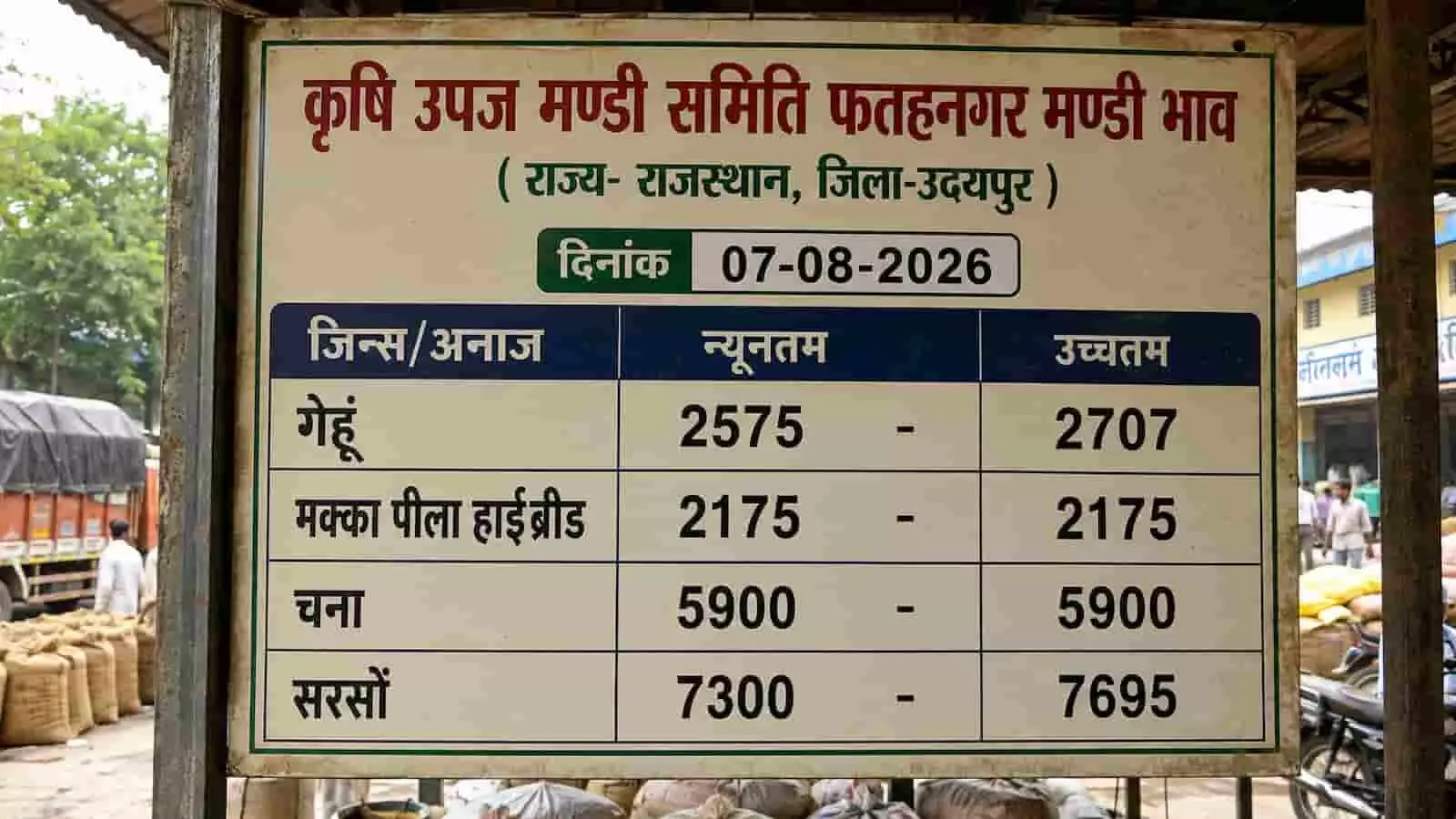 तस्वीर में कृषि उपज मंडी समिति फतहनगर का बोर्ड दिख रहा है जिस पर जिन्सों के भाव लिखे हैं। यह तस्वीर काल्पनिक है और एआई द्वारा केवल संदर्भ के लिए बनाई गई है। तस्वीर में कृषि उपज मंडी समिति फतहनगर का बोर्ड दिख रहा है जिस पर जिन्सों के भाव लिखे हैं। यह तस्वीर काल्पनिक है और एआई द्वारा केवल संदर्भ के लिए बनाई गई है।