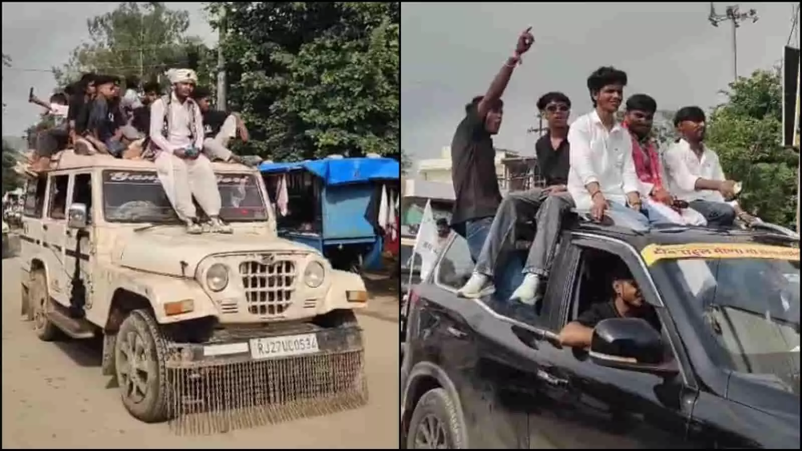 तस्वीर में झाड़ोल क्षेत्र में विश्व आदिवासी दिवस की रैली के दौरान वाहनों की छतों पर सवार लोग दिख रहे हैं। तस्वीर में झाड़ोल क्षेत्र में विश्व आदिवासी दिवस की रैली के दौरान वाहनों की छतों पर सवार लोग दिख रहे हैं।