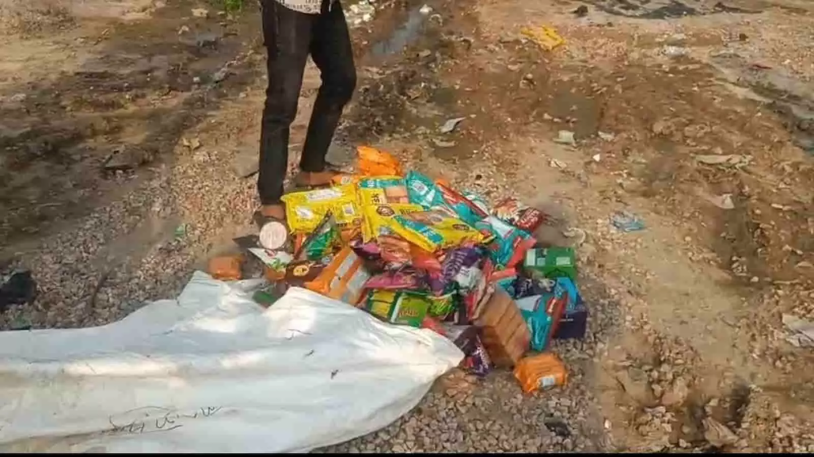 तस्वीर में भुसावर में नष्ट किए गए एक्सपायरी खाद्य सामान के पैकेट बिखरे हुए दिख रहे हैं। तस्वीर में भुसावर में नष्ट किए गए एक्सपायरी खाद्य सामान के पैकेट बिखरे हुए दिख रहे हैं।