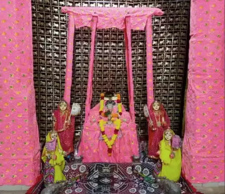 तस्वीर में गुलाबी हिंडोले पर द्वारकाधीश प्रतिमा और सखियों की प्रतिमाएं दिखाई दे रही हैं। तस्वीर में गुलाबी हिंडोले पर द्वारकाधीश प्रतिमा और सखियों की प्रतिमाएं दिखाई दे रही हैं।