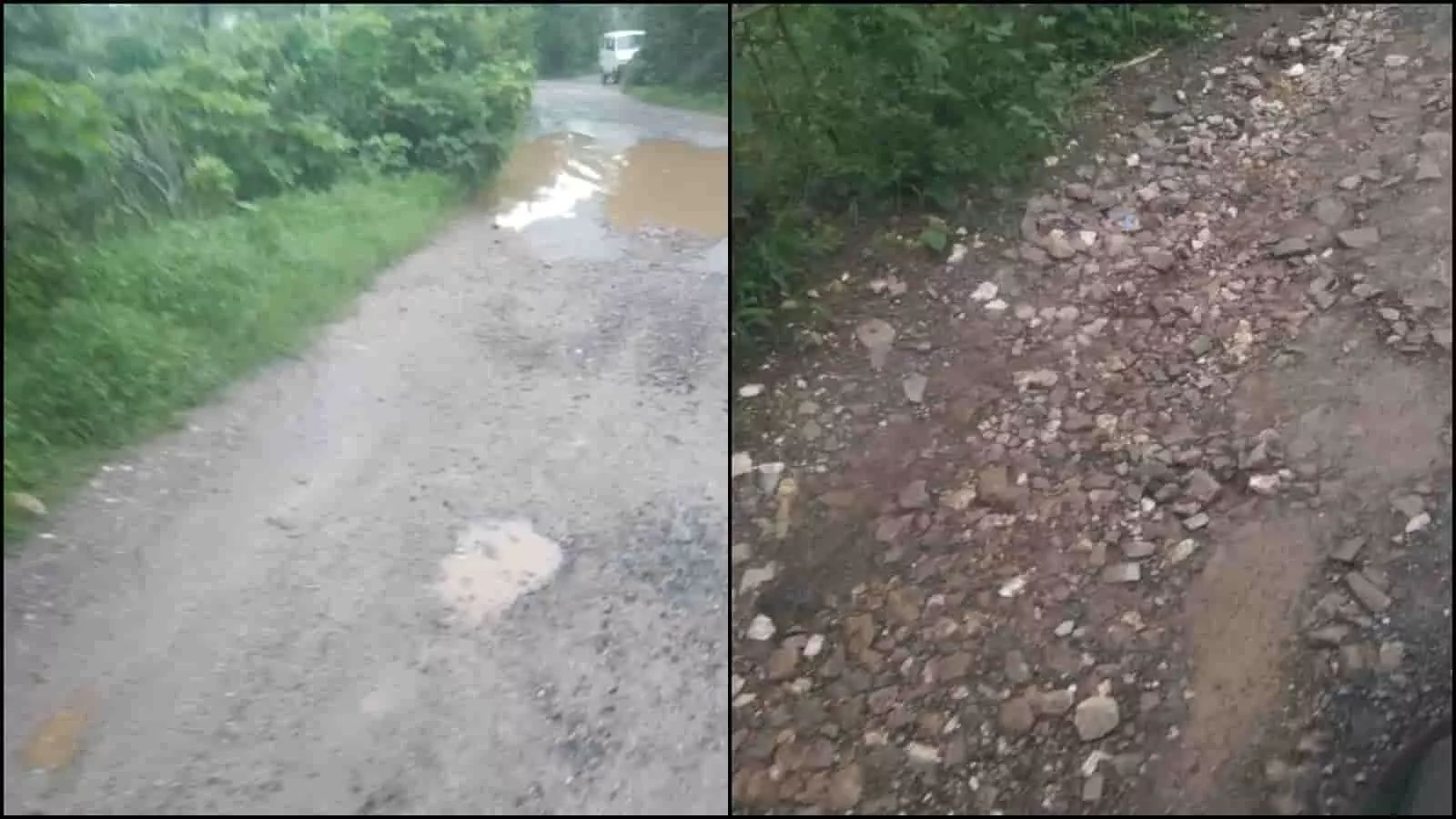 तस्वीर में झोपड़ी से सारोली मार्ग की जर्जर सड़क पर बने गड्ढे दिख रहे हैं। तस्वीर में झोपड़ी से सारोली मार्ग की जर्जर सड़क पर बने गड्ढे दिख रहे हैं।