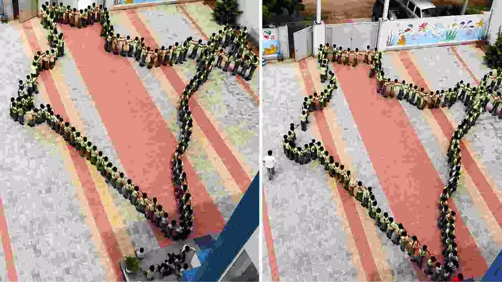 कतार में खड़े होकर भारत का नक्शा बनाते हुए स्कूली बच्चे स्वतंत्रता दिवस की तैयारी के संदर्भ में| कतार में खड़े होकर भारत का नक्शा बनाते हुए स्कूली बच्चे स्वतंत्रता दिवस की तैयारी के संदर्भ में|