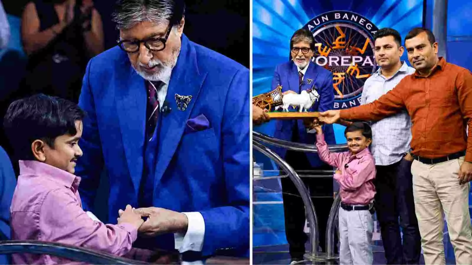 नीले कोट में अमिताभ बच्चन के साथ डॉक्टर गणेश बरैया कौन बनेगा करोड़पति के सेट पर खड़े हैं। नीले कोट में अमिताभ बच्चन के साथ डॉक्टर गणेश बरैया कौन बनेगा करोड़पति के सेट पर खड़े हैं।