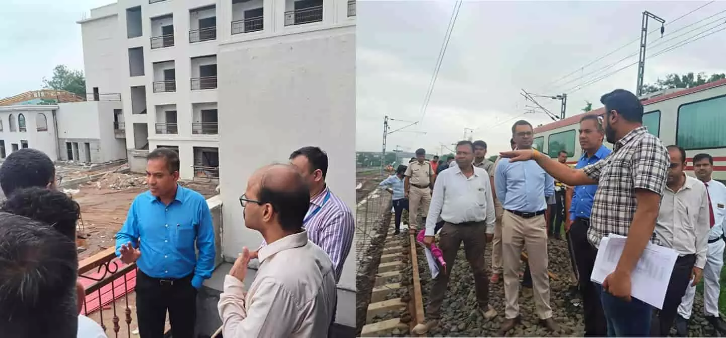 रेलवे अधिकारियों द्वारा एकता नगर में निर्माणाधीन होटल और रेलखंड का निरीक्षण करते हुए दृश्य। रेलवे अधिकारियों द्वारा एकता नगर में निर्माणाधीन होटल और रेलखंड का निरीक्षण करते हुए दृश्य।