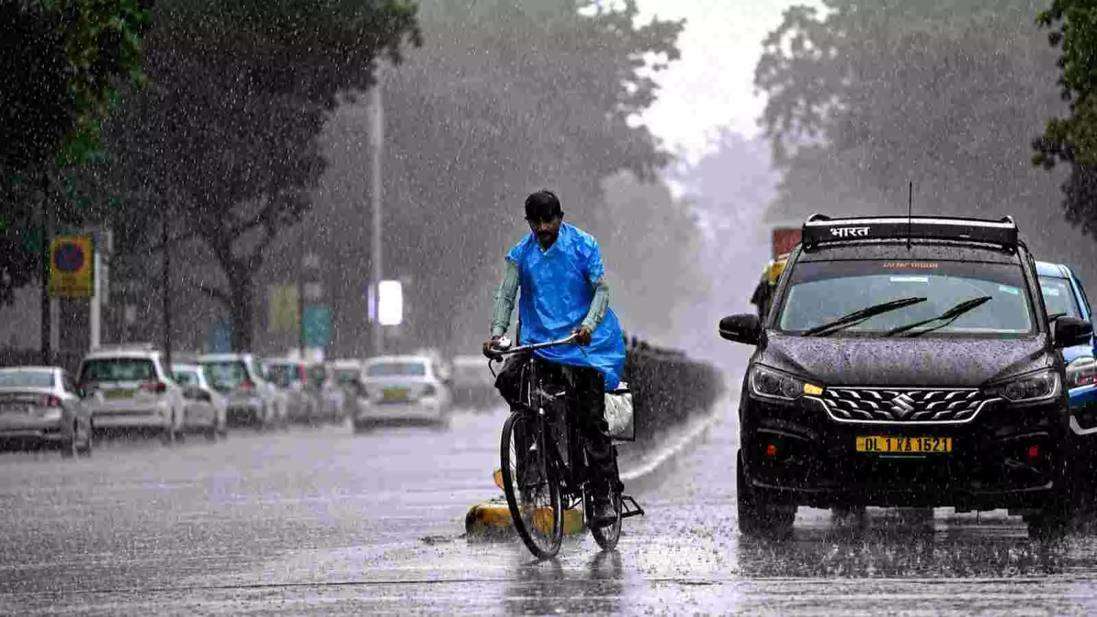 दिल्ली में सड़क पर बारिश में साइकिल चलाते हुए व्यक्ति| दिल्ली में सड़क पर बारिश में साइकिल चलाते हुए व्यक्ति|