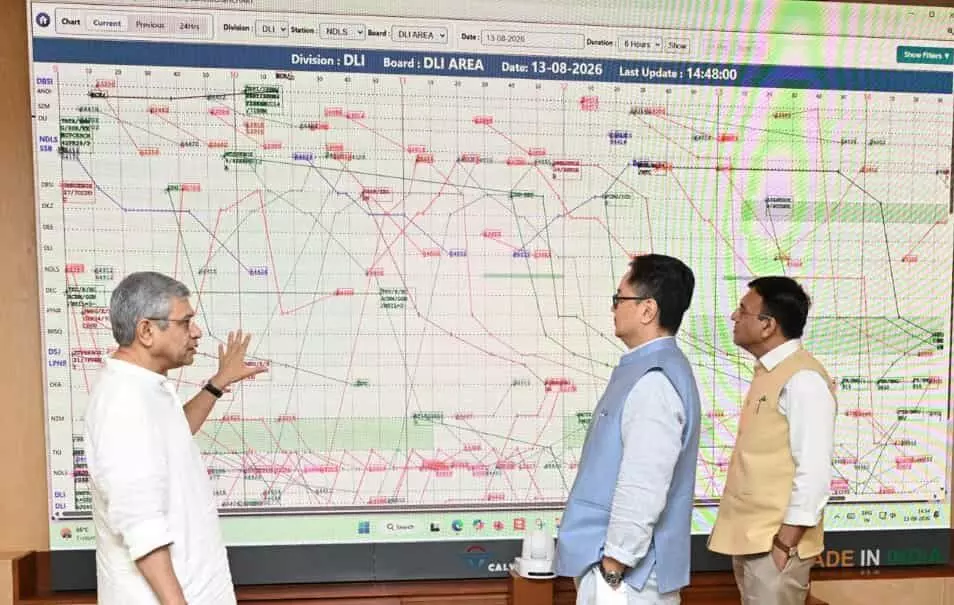 तस्वीर में रेलवे के वार रूम में बड़ी स्क्रीन के सामने खड़े होकर चर्चा करते हुए रेल मंत्री अश्विनी वैष्णव, किरेन रिजिजू और मनसुख मांडविया दिख रहे हैं। तस्वीर में रेलवे के वार रूम में बड़ी स्क्रीन के सामने खड़े होकर चर्चा करते हुए रेल मंत्री अश्विनी वैष्णव, किरेन रिजिजू और मनसुख मांडविया दिख रहे हैं।