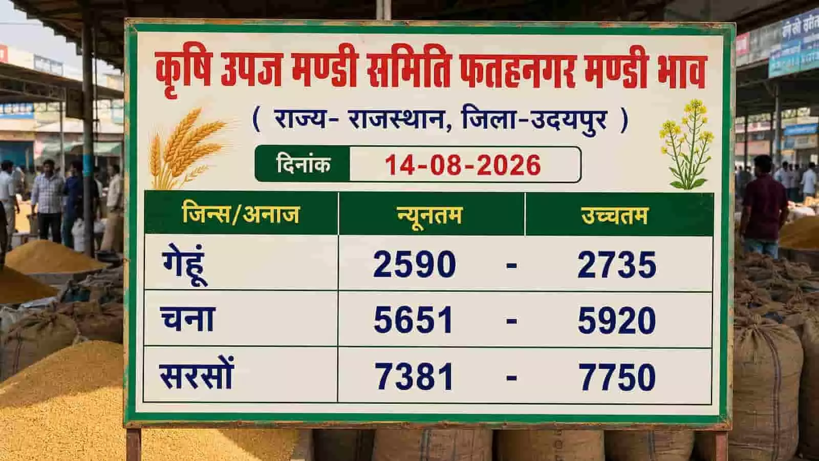 तस्वीर में उदयपुर की फतहनगर मंडी का भाव बोर्ड दिख रहा है जिस पर अनाज के दाम लिखे हैं। यह तस्वीर काल्पनिक है और एआई द्वारा केवल संदर्भ के लिए बनाई गई है। तस्वीर में उदयपुर की फतहनगर मंडी का भाव बोर्ड दिख रहा है जिस पर अनाज के दाम लिखे हैं। यह तस्वीर काल्पनिक है और एआई द्वारा केवल संदर्भ के लिए बनाई गई है।