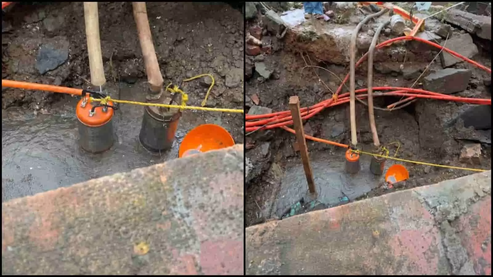तस्वीर में ठाणे में पाइपलाइन मरम्मत स्थल पर पानी निकासी के लिए रखे गए पंप और उपकरण दिख रहे हैं। तस्वीर में ठाणे में पाइपलाइन मरम्मत स्थल पर पानी निकासी के लिए रखे गए पंप और उपकरण दिख रहे हैं।