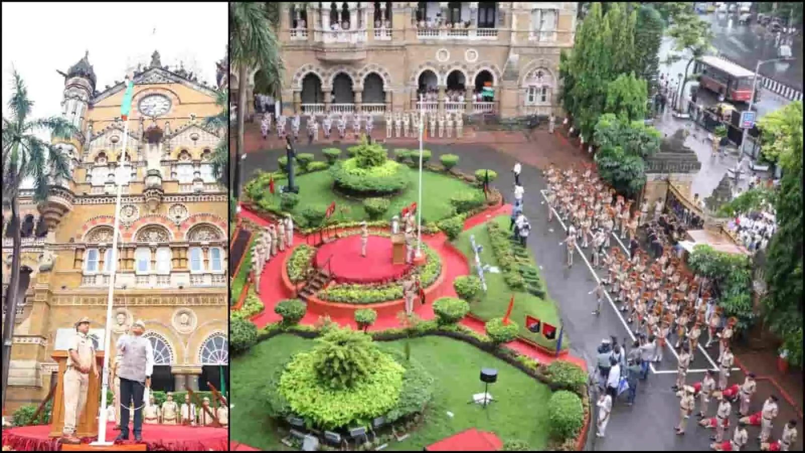 तस्वीर में छत्रपति शिवाजी महाराज टर्मिनस पर स्वतंत्रता दिवस समारोह के दौरान ध्वजारोहण और आरपीएफ परेड दिख रही है। तस्वीर में छत्रपति शिवाजी महाराज टर्मिनस पर स्वतंत्रता दिवस समारोह के दौरान ध्वजारोहण और आरपीएफ परेड दिख रही है।