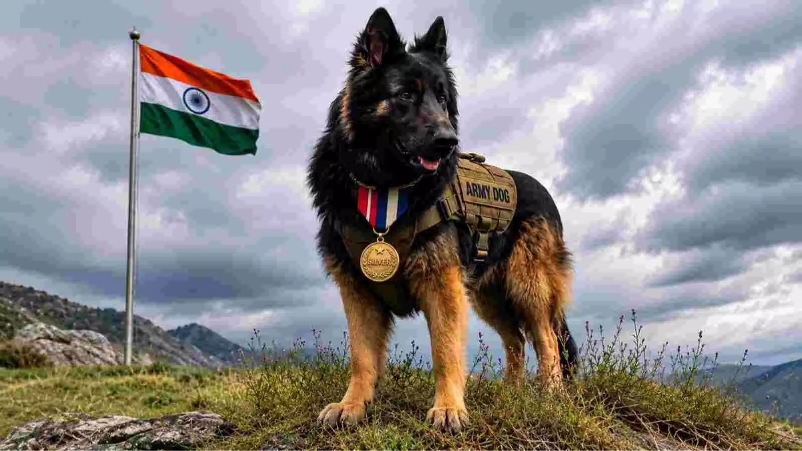 भारतीय झंडे के पास खड़े जर्मन शेफर्ड नस्ल के सेना के डॉग| भारतीय झंडे के पास खड़े जर्मन शेफर्ड नस्ल के सेना के डॉग|