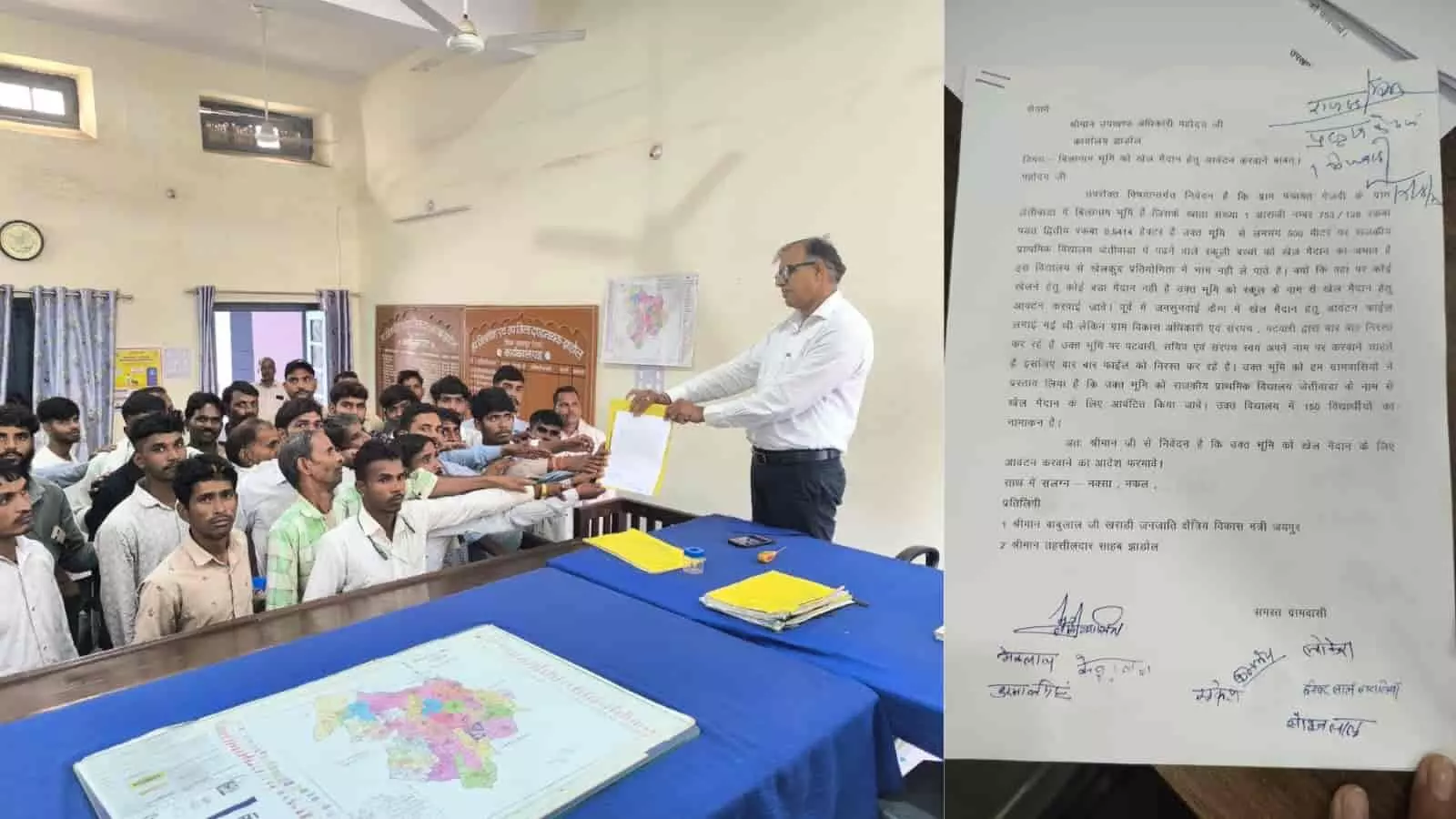 झाड़ोल में आयोजित कार्यक्रम के दौरान दस्तावेज दिखाते जनजाति मंत्री बाबूलाल खराड़ी और उपस्थित ग्रामीण। झाड़ोल में आयोजित कार्यक्रम के दौरान दस्तावेज दिखाते जनजाति मंत्री बाबूलाल खराड़ी और उपस्थित ग्रामीण।