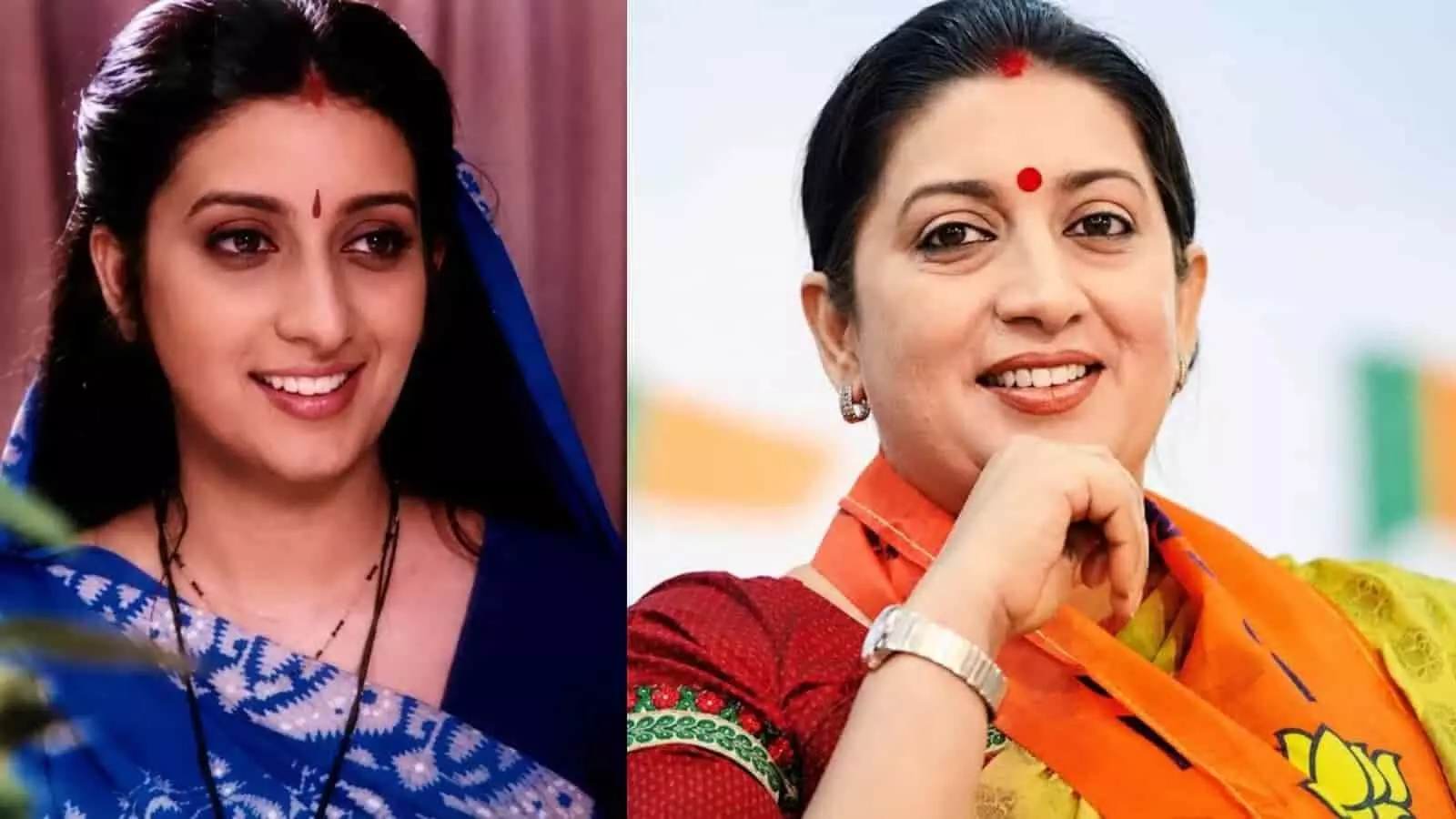तस्वीर में स्मृति ईरानी टेलीविजन किरदार और राजनीतिक भूमिका दोनों रूपों में दिखाई दे रही हैं। तस्वीर में स्मृति ईरानी टेलीविजन किरदार और राजनीतिक भूमिका दोनों रूपों में दिखाई दे रही हैं।