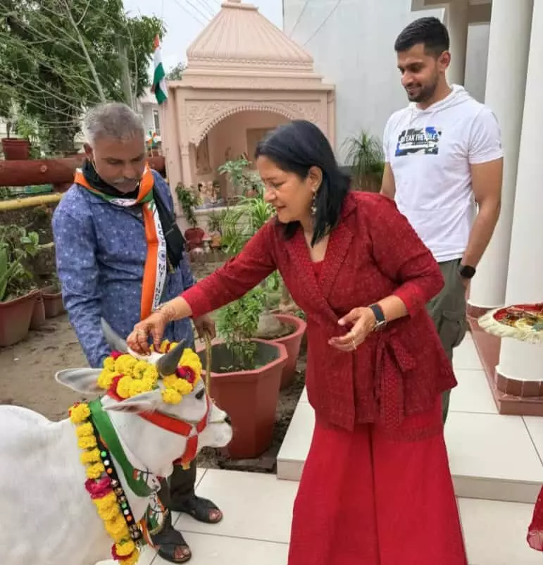 तस्वीर में वीरांगना बबीता शर्मा कोटा में एक सजी हुई पुंगनूर गाय को दुलारती नजर आ रही हैं। तस्वीर में वीरांगना बबीता शर्मा कोटा में एक सजी हुई पुंगनूर गाय को दुलारती नजर आ रही हैं।