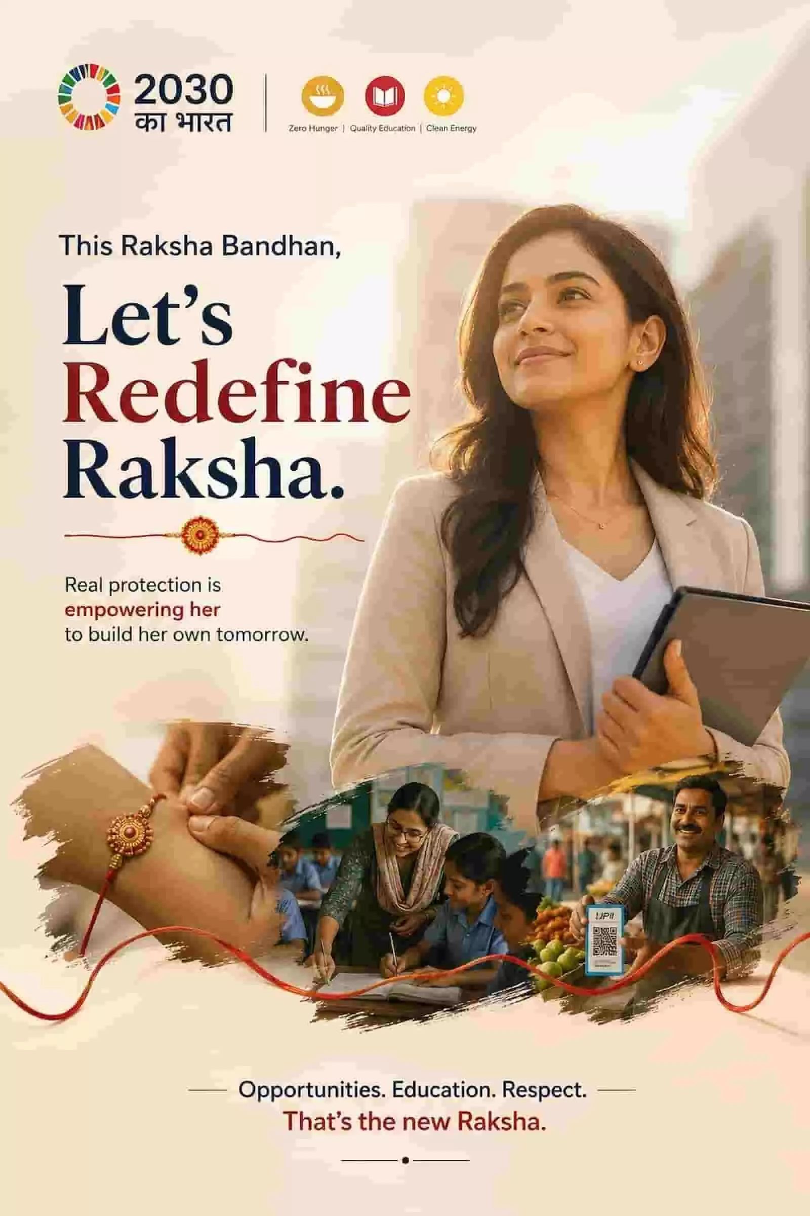 तस्वीर में 2030 का भारत के रक्षाबंधन कैंपेन का पोस्टर दिख रहा है जिसपर शिक्षा और अवसर का संदेश है। यह तस्वीर काल्पनिक है और एआई द्वारा केवल संदर्भ के लिए बनाई गई है। तस्वीर में 2030 का भारत के रक्षाबंधन कैंपेन का पोस्टर दिख रहा है जिसपर शिक्षा और अवसर का संदेश है। यह तस्वीर काल्पनिक है और एआई द्वारा केवल संदर्भ के लिए बनाई गई है।
