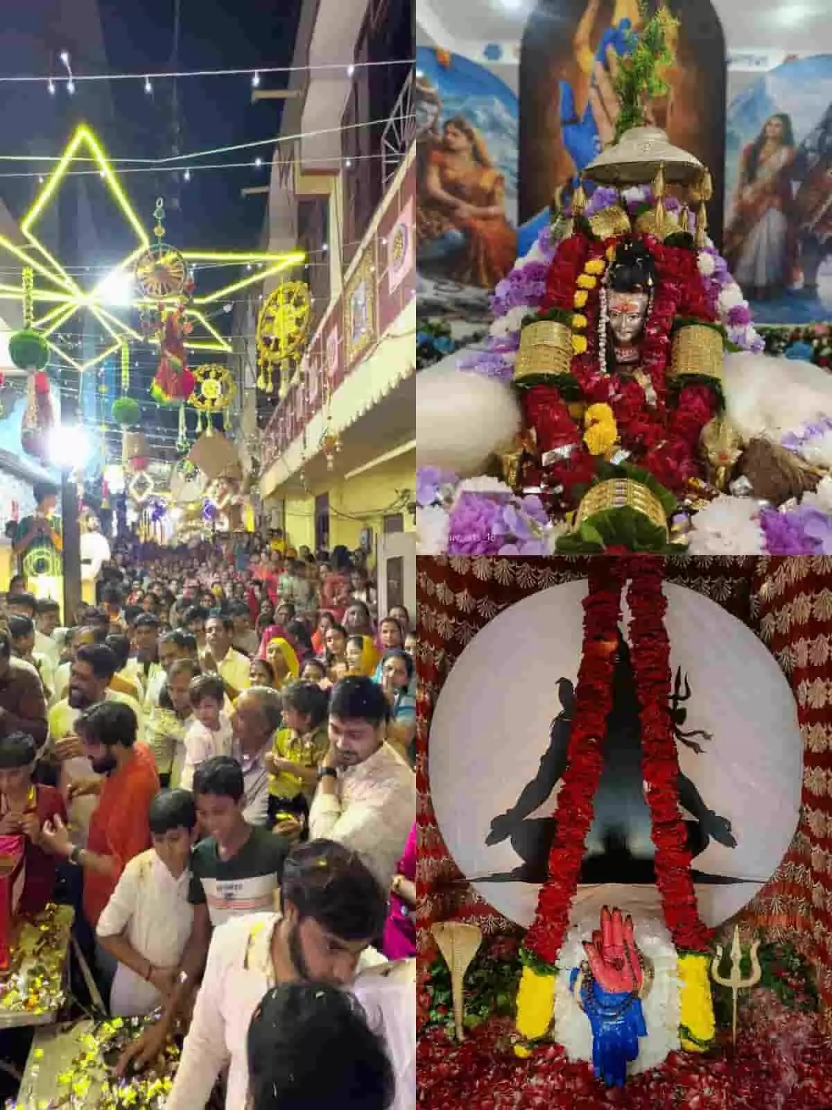 श्रद्धालुओं की भीड़ वाली गली में फूलों से सजी महादेव-प्रतिमा रोशनी में दिखती है। श्रद्धालुओं की भीड़ वाली गली में फूलों से सजी महादेव-प्रतिमा रोशनी में दिखती है।
