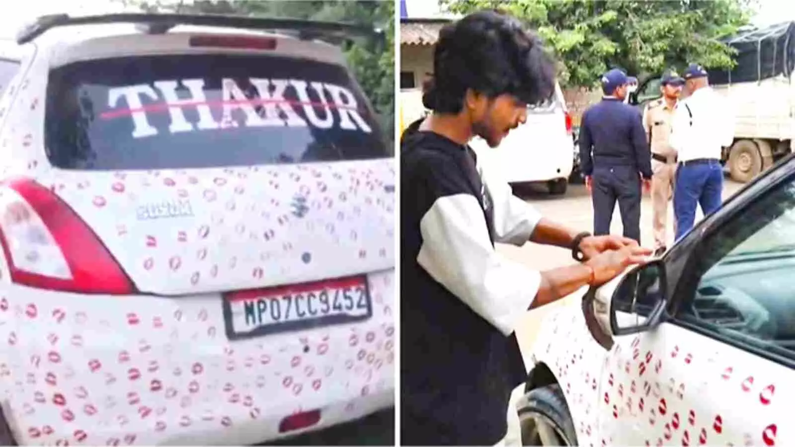 लिपस्टिक के निशानों से सजी कार और खड़े हुए युवक को ग्वालियर में ट्रैफिक चालान के संदर्भ में दिखाया गया है। लिपस्टिक के निशानों से सजी कार और खड़े हुए युवक को ग्वालियर में ट्रैफिक चालान के संदर्भ में दिखाया गया है।