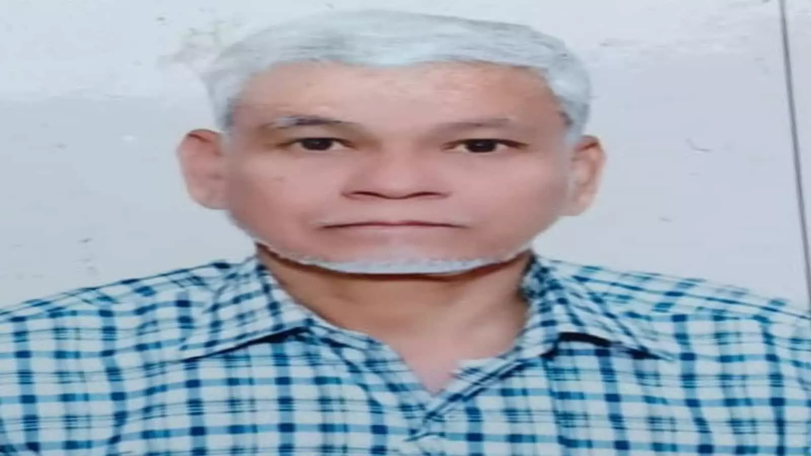 नीले और सफेद चेक शर्ट में सफेद बालों वाले बुजुर्ग व्यक्ति का पासपोर्ट साइज फोटो। नीले और सफेद चेक शर्ट में सफेद बालों वाले बुजुर्ग व्यक्ति का पासपोर्ट साइज फोटो।