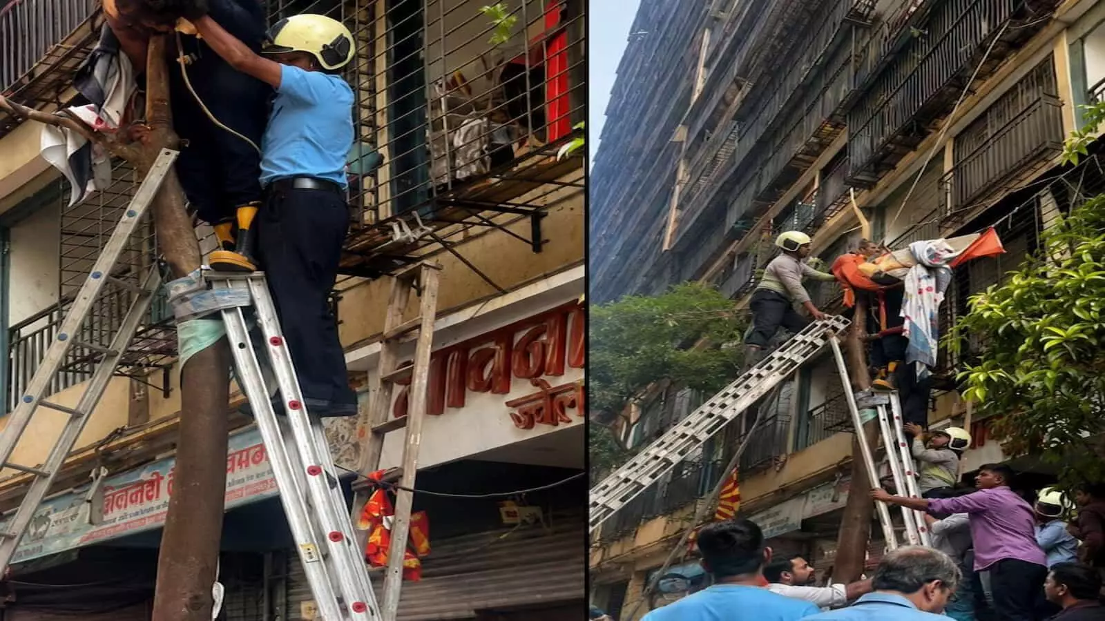 भांडुप में सनशाइन एसआरए इमारत के बाहर महिला के बचाव अभियान के संदर्भ में एकत्र लोग भांडुप में सनशाइन एसआरए इमारत के बाहर महिला के बचाव अभियान के संदर्भ में एकत्र लोग