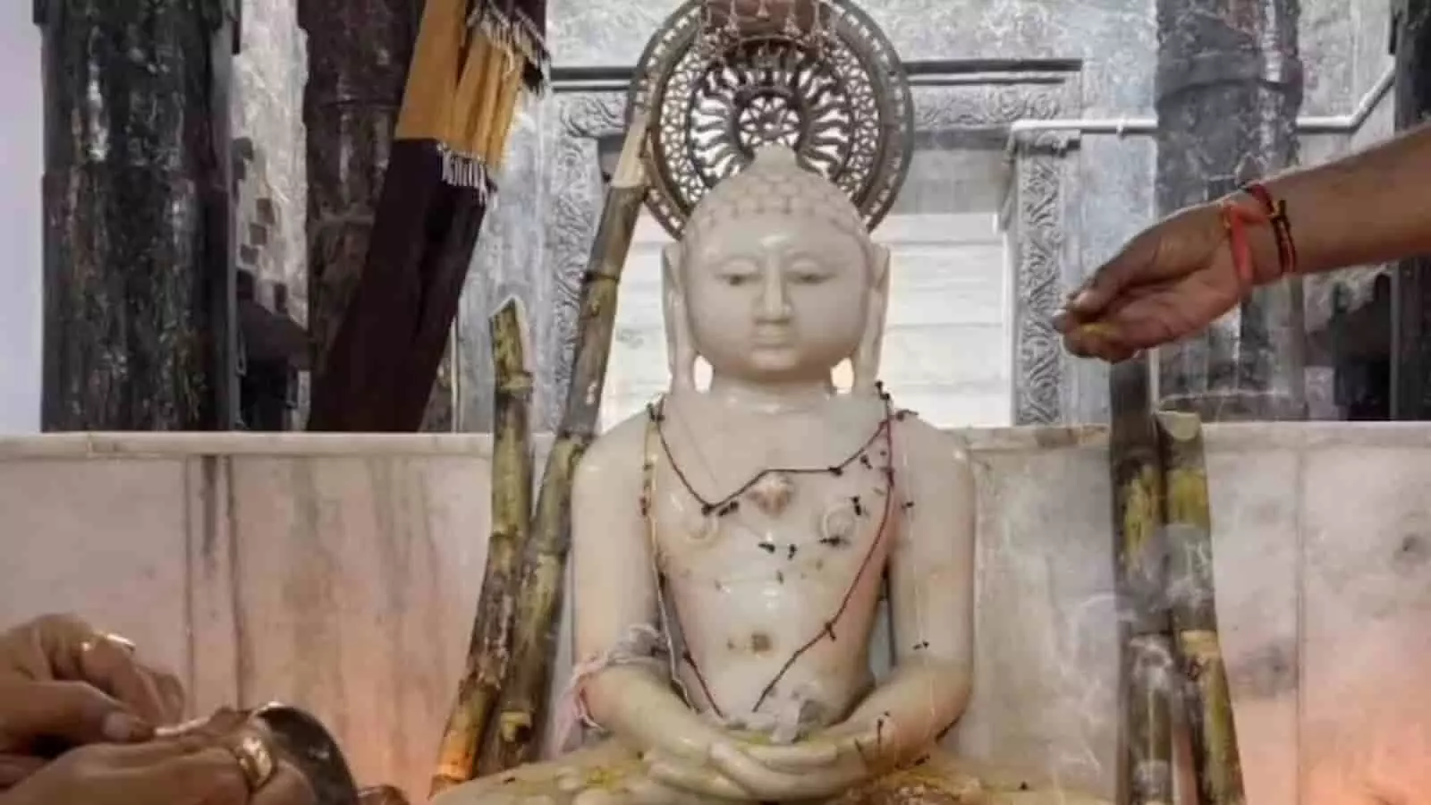 तस्वीर में जवास जैन मंदिर में सफेद संगमरमर की भगवान आदिनाथ की प्रतिमा दिख रही है। तस्वीर में जवास जैन मंदिर में सफेद संगमरमर की भगवान आदिनाथ की प्रतिमा दिख रही है।