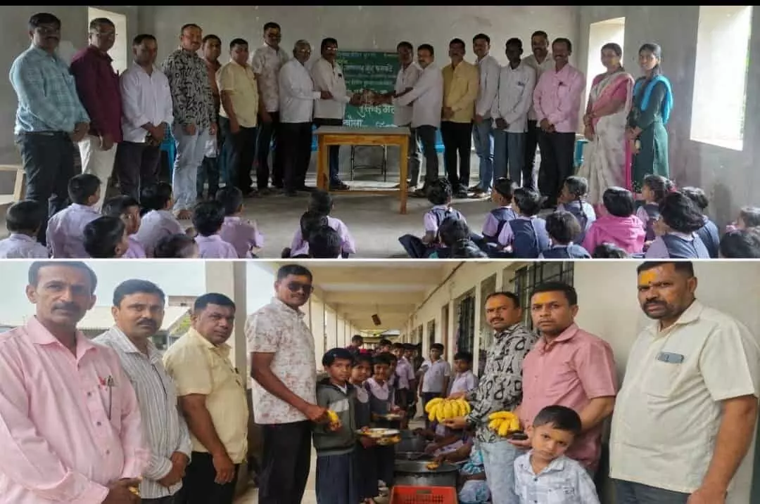 विद्यामंदिर कुरणी स्कूल में विद्यार्थियों को पुस्तकें और फल वितरित करते शिक्षक और गणमान्य व्यक्ति। विद्यामंदिर कुरणी स्कूल में विद्यार्थियों को पुस्तकें और फल वितरित करते शिक्षक और गणमान्य व्यक्ति।