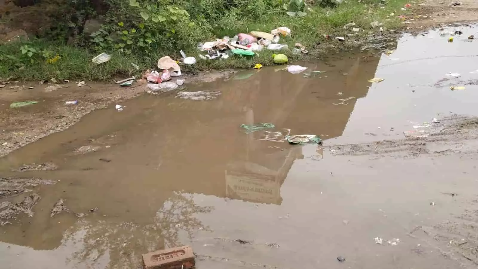 भोपाखेड़ा बस स्टैंड के पास सड़क पर फैला गंदा पानी और कचरा। भोपाखेड़ा बस स्टैंड के पास सड़क पर फैला गंदा पानी और कचरा।