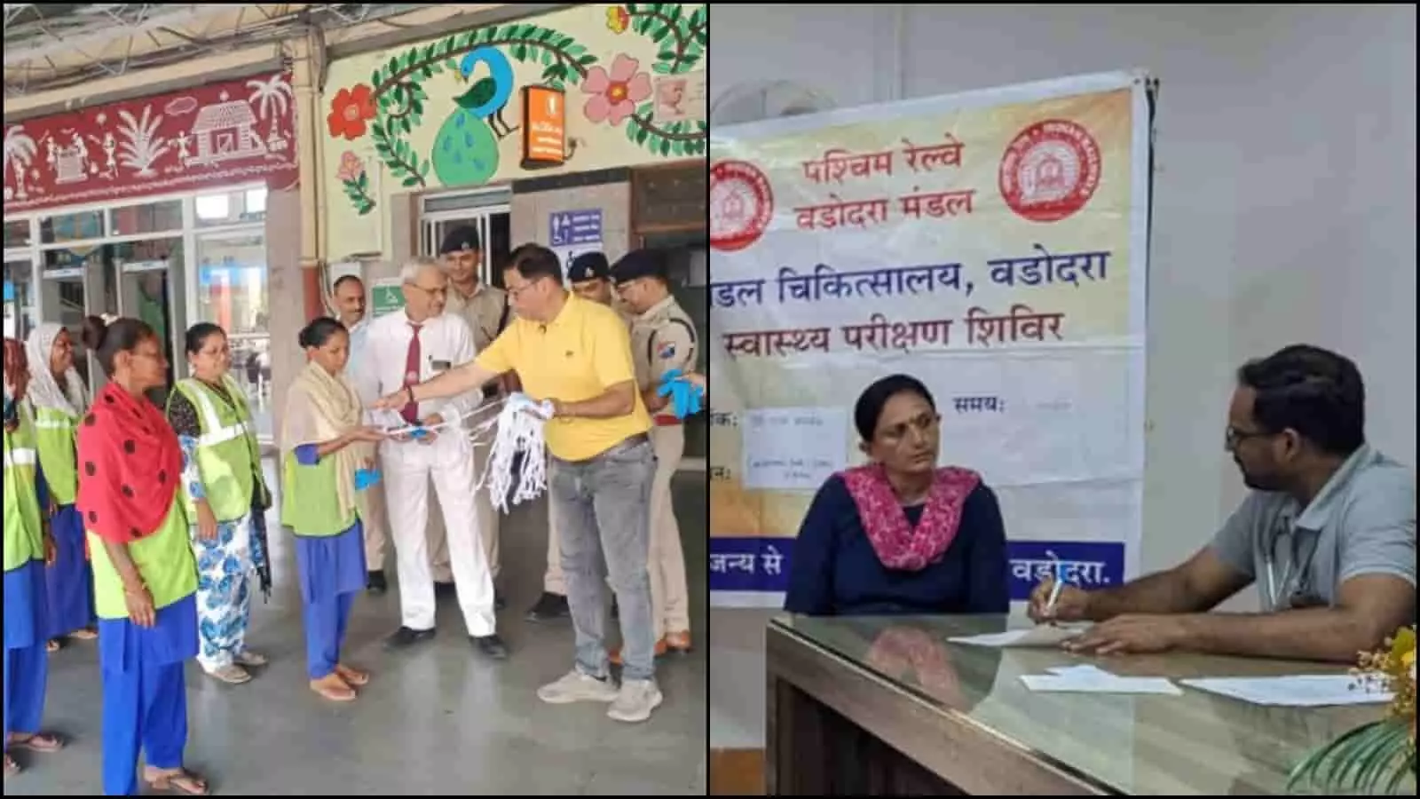 तस्वीर में वडोदरा मंडल में सफाई मित्रों को सुरक्षा उपकरण बांटते और स्वास्थ्य जांच करते हुए दिखाया गया है। तस्वीर में वडोदरा मंडल में सफाई मित्रों को सुरक्षा उपकरण बांटते और स्वास्थ्य जांच करते हुए दिखाया गया है।