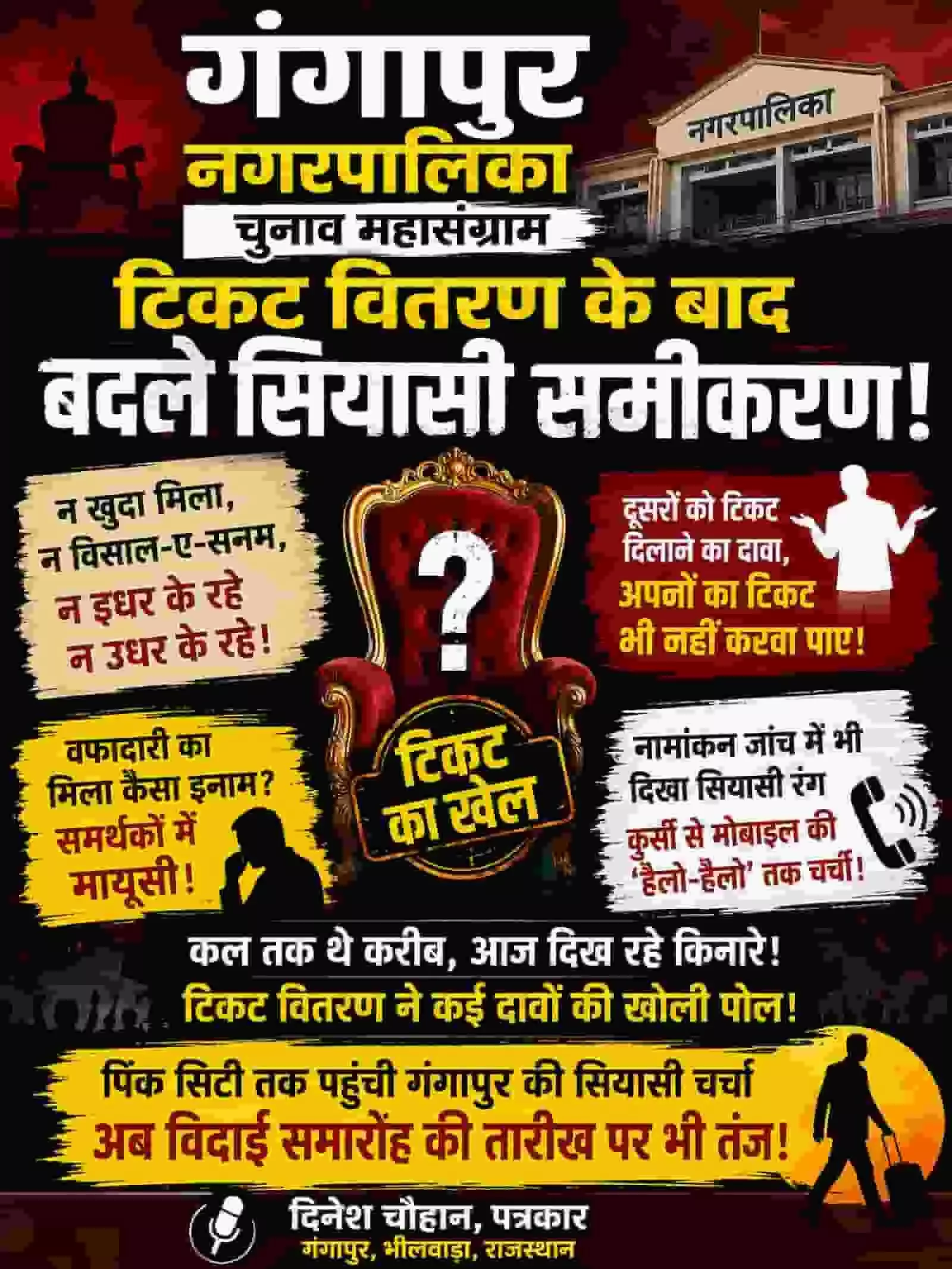 तस्वीर में गंगापुर नगरपालिका चुनाव के टिकट वितरण और सियासी समीकरणों के स्लोगन दिख रहे हैं। तस्वीर में गंगापुर नगरपालिका चुनाव के टिकट वितरण और सियासी समीकरणों के स्लोगन दिख रहे हैं।