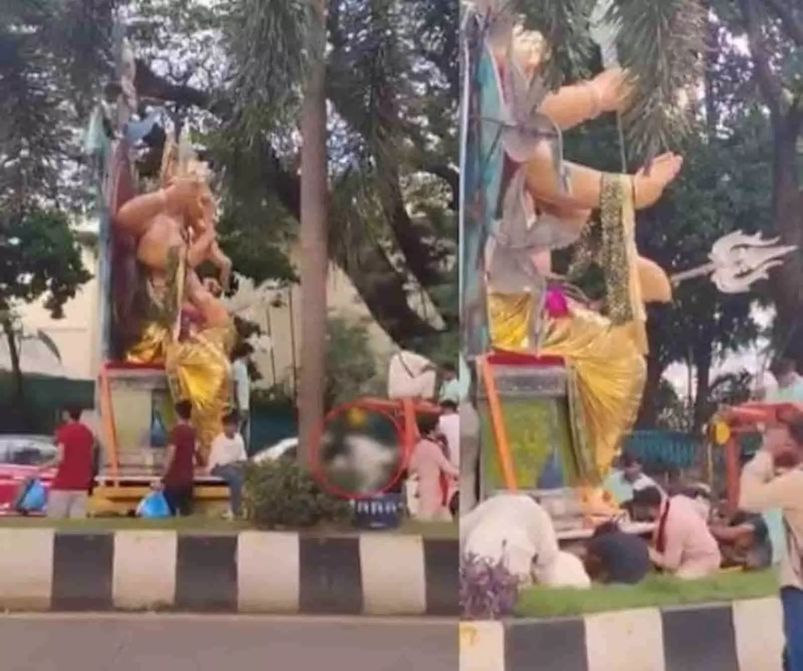 तस्वीर में दिख रही ट्रॉली पर विशाल गणेश मूर्ति को सड़क पर ले जाते हुए लोग उपस्थित हैं। तस्वीर में दिख रही ट्रॉली पर विशाल गणेश मूर्ति को सड़क पर ले जाते हुए लोग उपस्थित हैं।