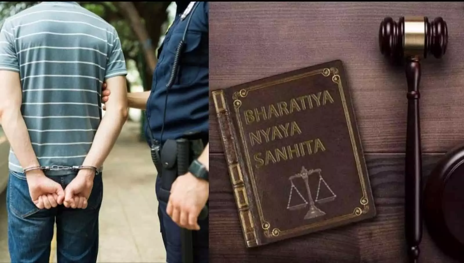 तस्वीर में बाईं ओर हथकड़ी लगा अभियुक्त और पुलिसकर्मी, तथा दाईं ओर न्याय संहिता पुस्तक और हथौड़ा दिख रहा है। तस्वीर में बाईं ओर हथकड़ी लगा अभियुक्त और पुलिसकर्मी, तथा दाईं ओर न्याय संहिता पुस्तक और हथौड़ा दिख रहा है।