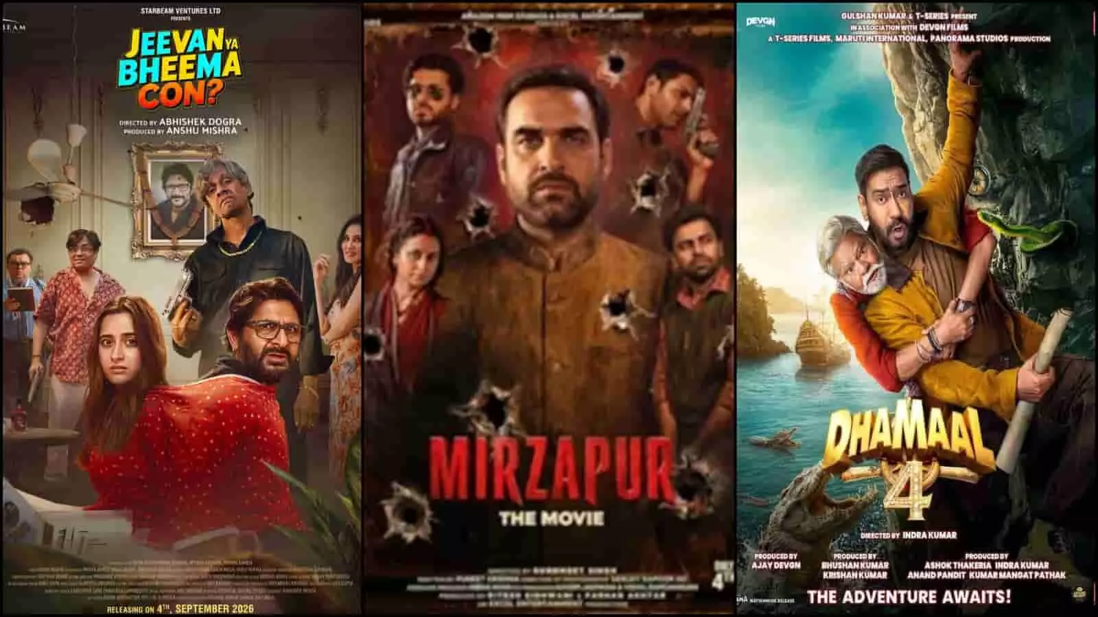 तस्वीर में जीवन बीमा योजना, मिर्जापुर द मूवी और धमाल 4 फिल्मों के पोस्टर दिखाई दे रहे हैं। तस्वीर में जीवन बीमा योजना, मिर्जापुर द मूवी और धमाल 4 फिल्मों के पोस्टर दिखाई दे रहे हैं।