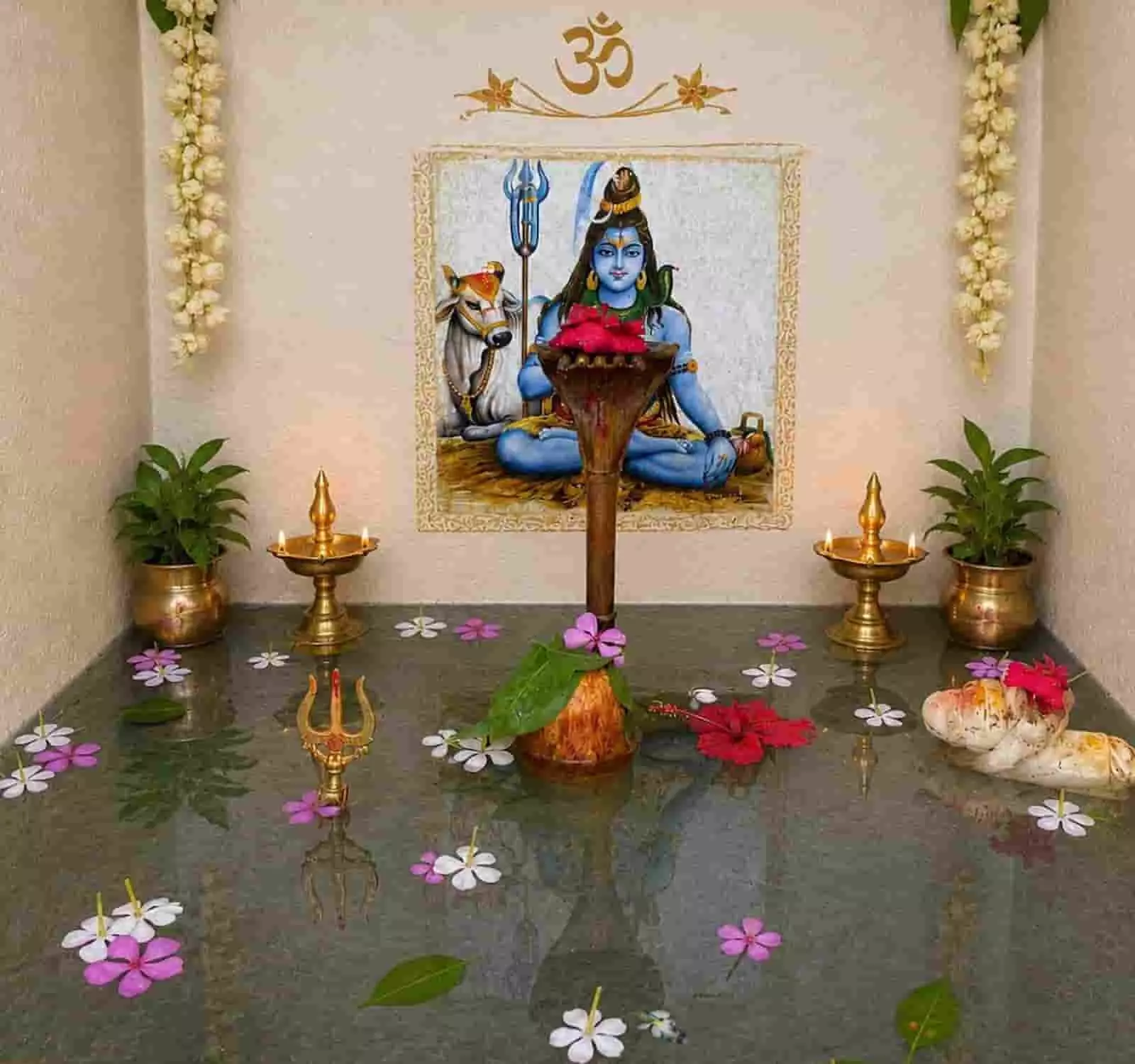 तस्वीर में मंदिर के भीतर पानी में डूबा शिवलिंग, पीतल के दीपक और बिखरे हुए फूल दिख रहे हैं। तस्वीर में मंदिर के भीतर पानी में डूबा शिवलिंग, पीतल के दीपक और बिखरे हुए फूल दिख रहे हैं।