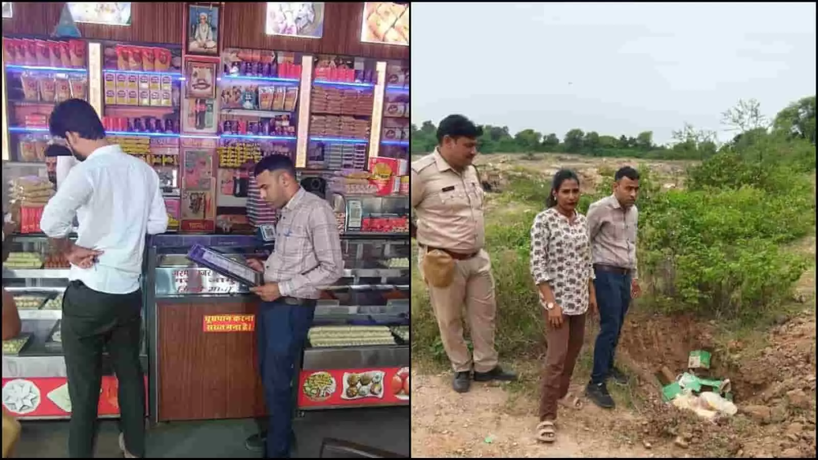 तस्वीर में अधिकारी भीलवाड़ा की दुकान के अंदर और खुले मैदान में निरीक्षण करते दिख रहे हैं। तस्वीर में अधिकारी भीलवाड़ा की दुकान के अंदर और खुले मैदान में निरीक्षण करते दिख रहे हैं।