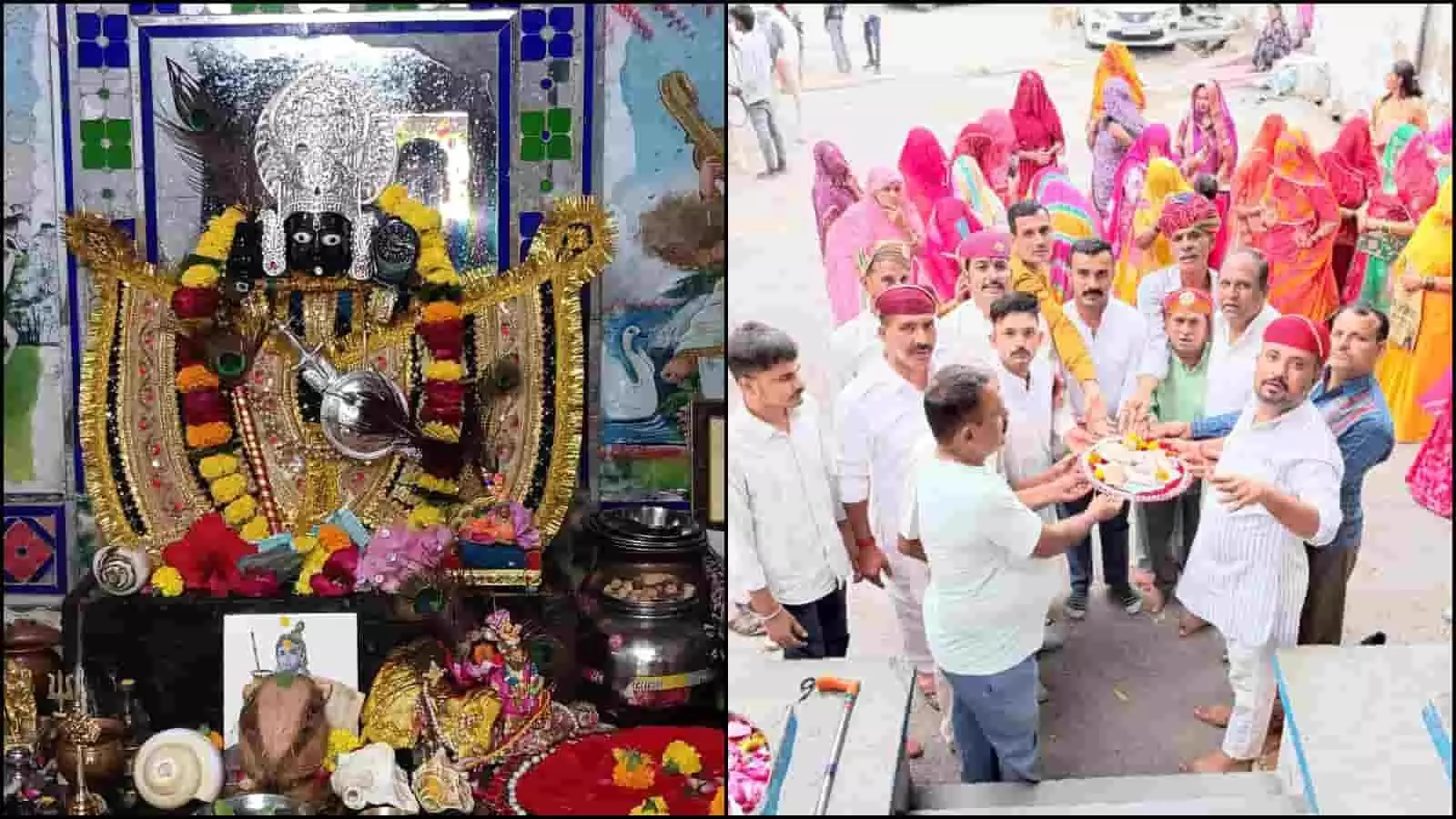 तस्वीर में चारभुजानाथ मंदिर में सजे भगवान और आभूषण ले जाते ग्रामीण दिख रहे हैं। तस्वीर में चारभुजानाथ मंदिर में सजे भगवान और आभूषण ले जाते ग्रामीण दिख रहे हैं।