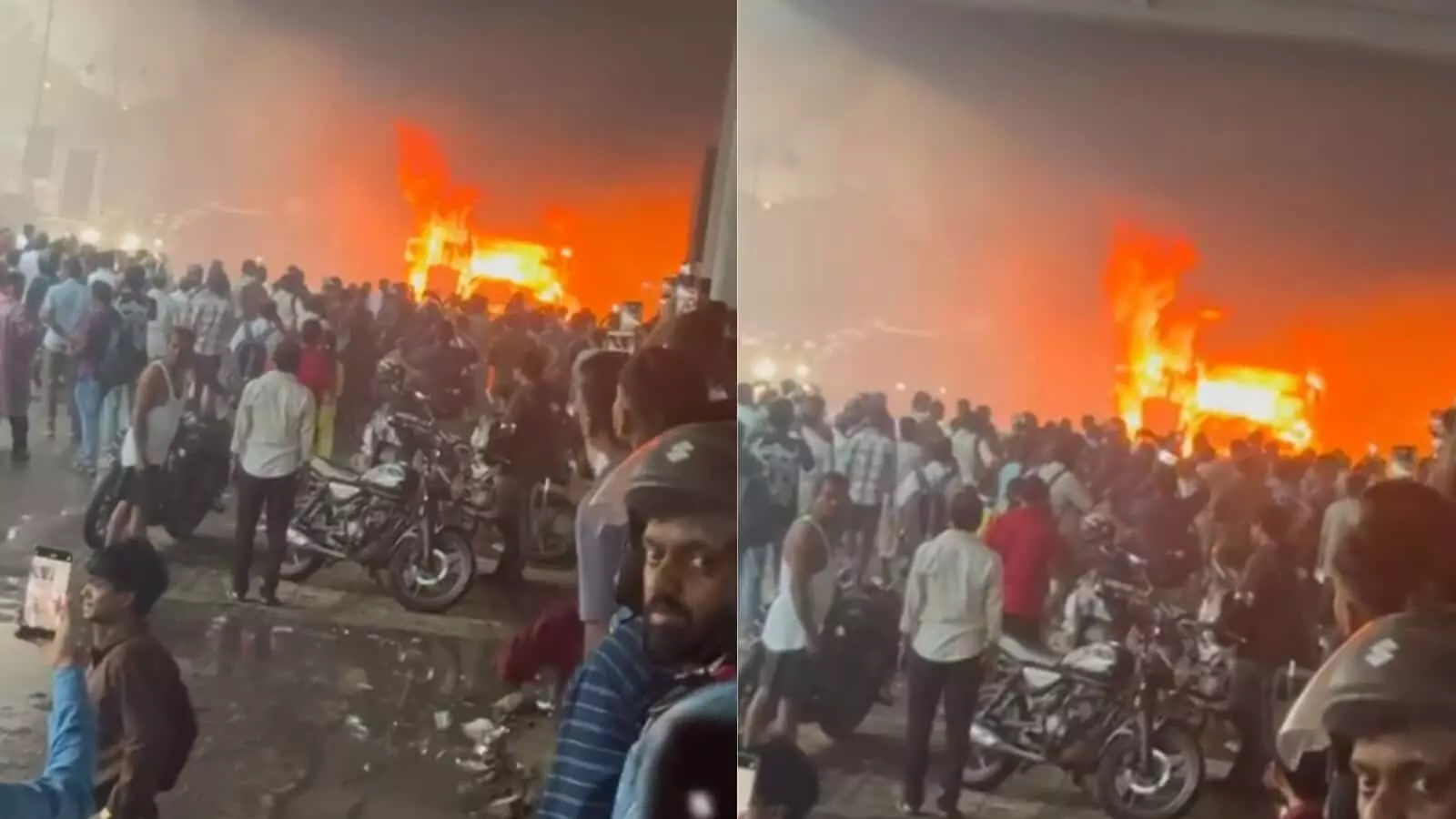 तस्वीर में रात के समय सड़क पर धधकती भीषण आग को भीड़ देख रही है। तस्वीर में रात के समय सड़क पर धधकती भीषण आग को भीड़ देख रही है।