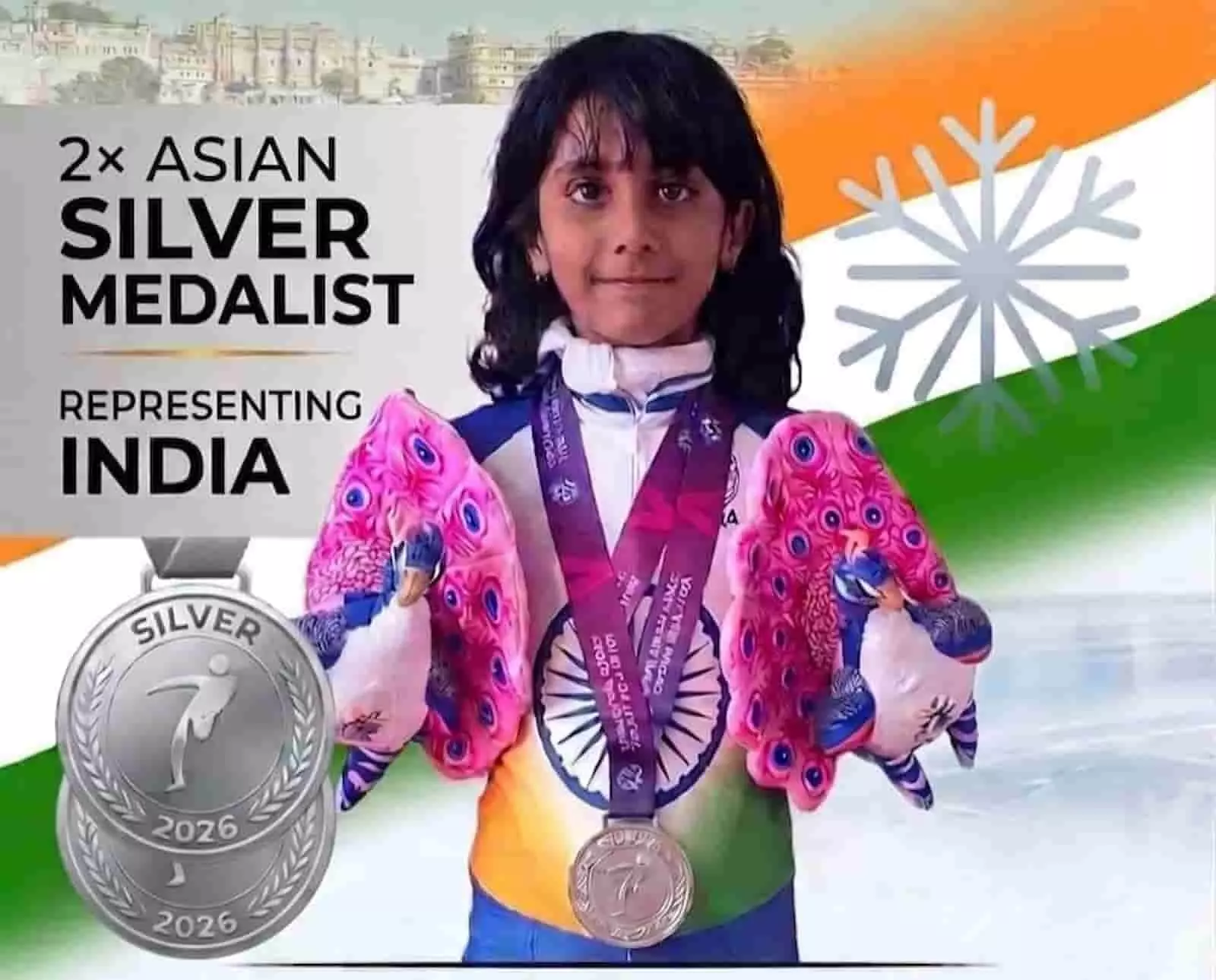 तस्वीर में मायर्रा त्यागी गले में रजत पदक पहने और दोनों हाथों में मयूर खिलौने लिए दिख रही हैं। तस्वीर में मायर्रा त्यागी गले में रजत पदक पहने और दोनों हाथों में मयूर खिलौने लिए दिख रही हैं।