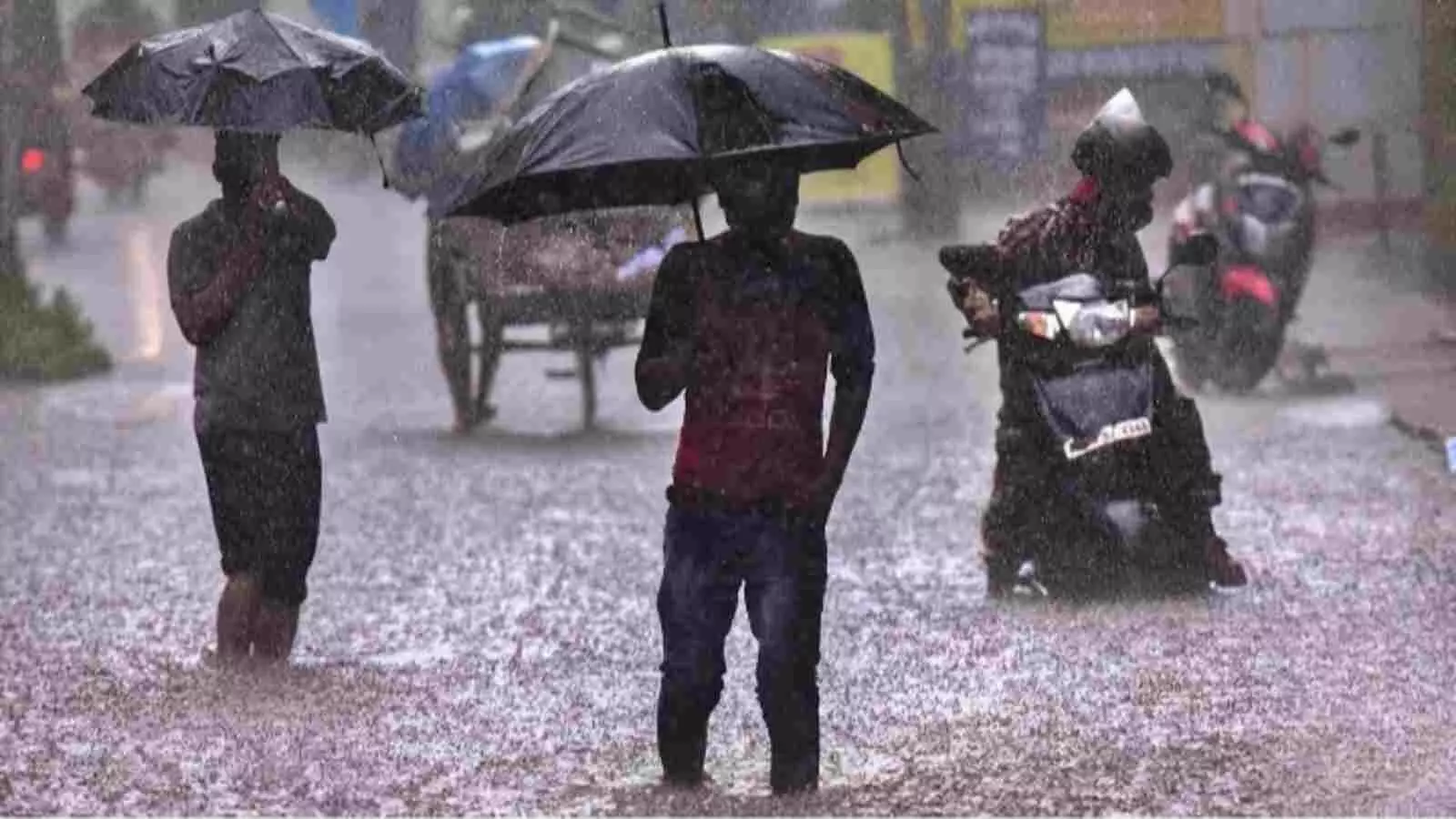 बारिश के बीच छाता लिए खड़े लोग नजर आ रहे हैं। बारिश के बीच छाता लिए खड़े लोग नजर आ रहे हैं।