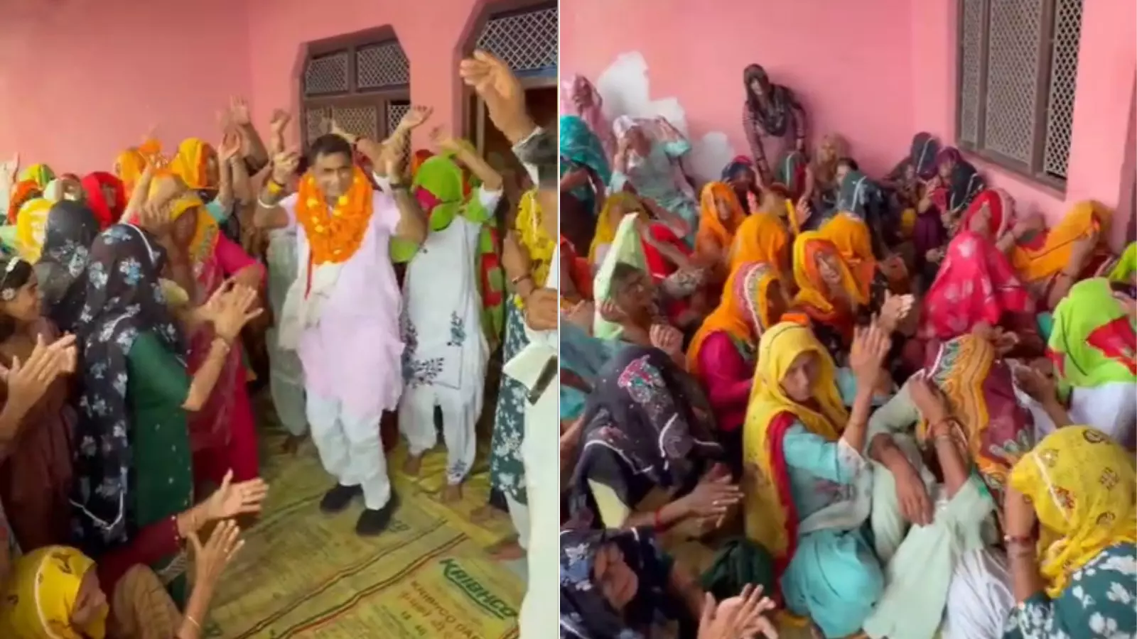 तस्वीर में बाएं विधायक नृत्य कर रहे हैं और दाएं महिलाएं बैठकर तालियां बजाती दिख रही हैं। तस्वीर में बाएं विधायक नृत्य कर रहे हैं और दाएं महिलाएं बैठकर तालियां बजाती दिख रही हैं।