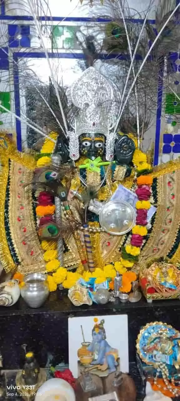 तस्वीर में मोर पंखों और फूलों की मालाओं से सजे चारभुजा नाथ मंदिर के ठाकुर जी। तस्वीर में मोर पंखों और फूलों की मालाओं से सजे चारभुजा नाथ मंदिर के ठाकुर जी।
