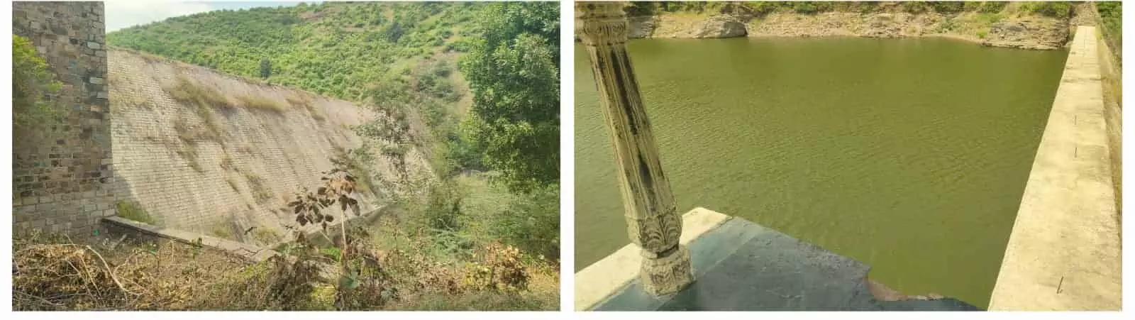 तस्वीर में दिख रही पत्थर की बांध दीवार के पास बना जलाशय और आसपास की पहाड़ियां। तस्वीर में दिख रही पत्थर की बांध दीवार के पास बना जलाशय और आसपास की पहाड़ियां।