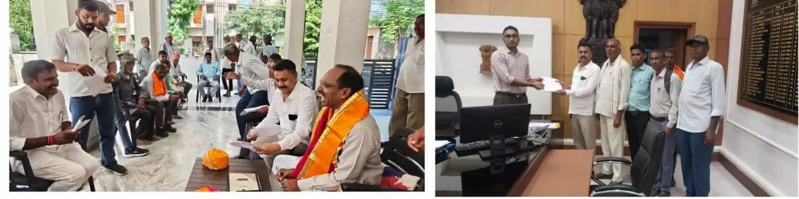 तस्वीर में बाएं से दाएं बैठे और खड़े लोग अधिकारियों को दस्तावेज सौंपते दिख रहे हैं। तस्वीर में बाएं से दाएं बैठे और खड़े लोग अधिकारियों को दस्तावेज सौंपते दिख रहे हैं।